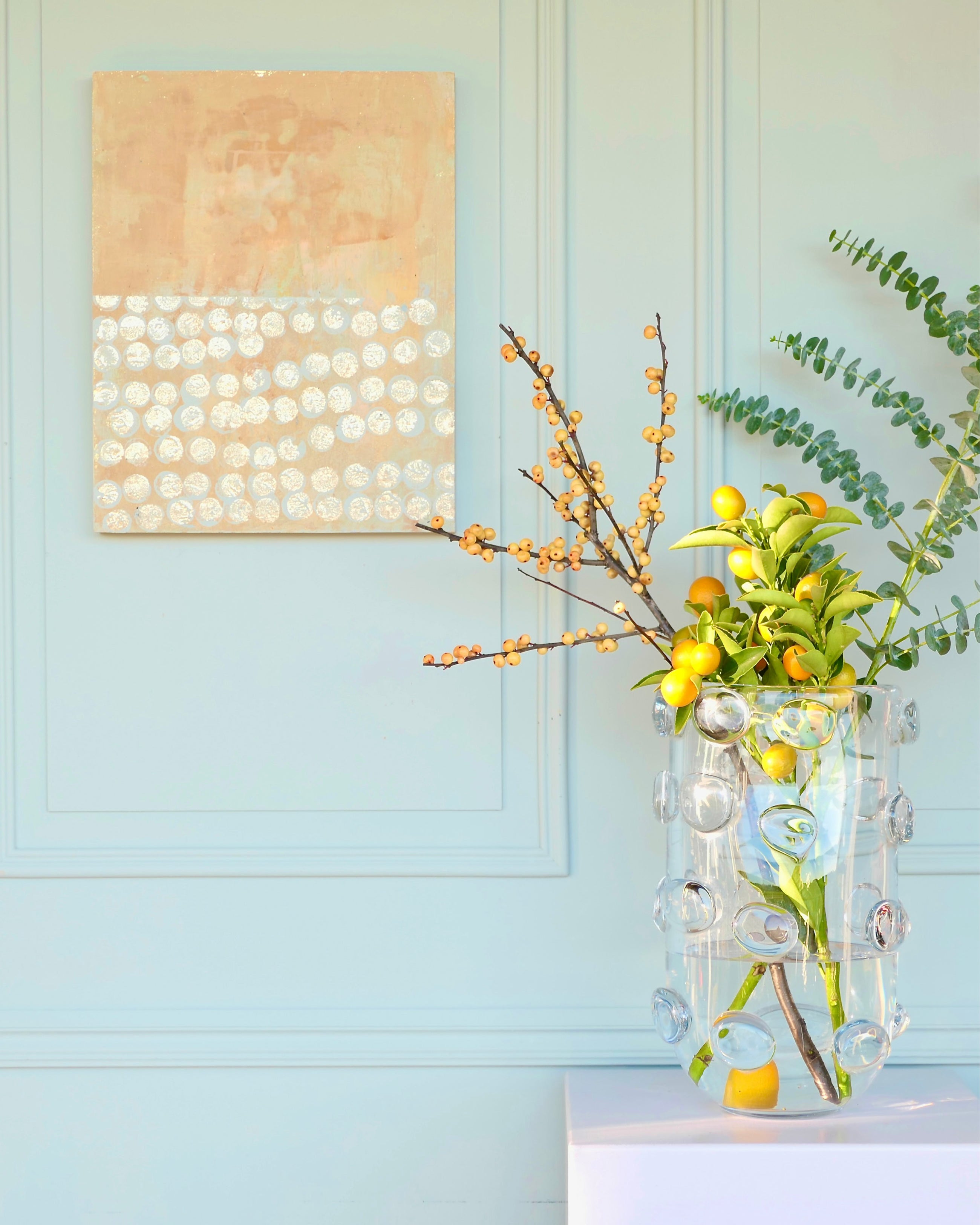 Abstract patina artwork with gold details on wood panel, displayed on wall, Little Treasures series