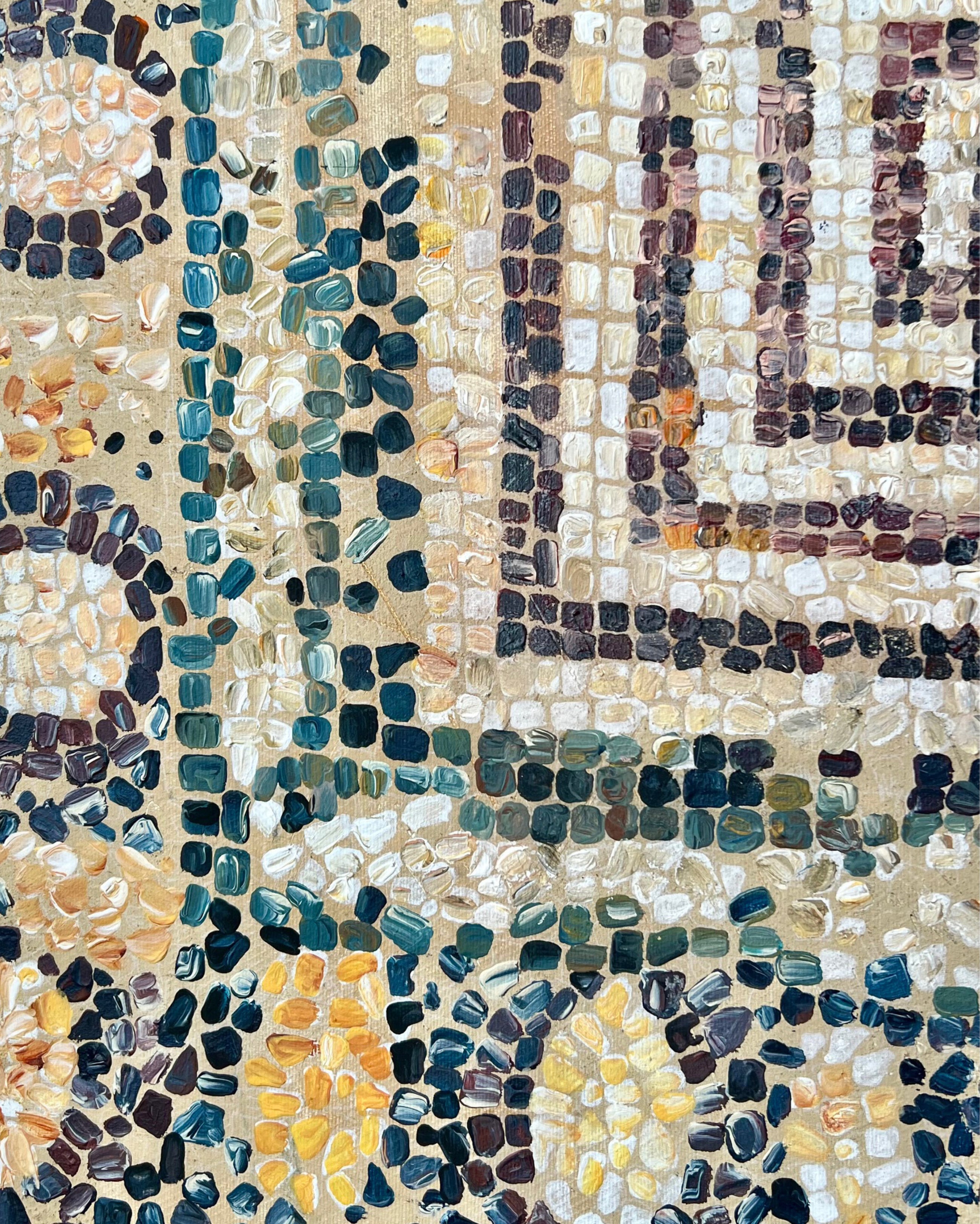 Detail of Mosaic I showing layered surface, mineral pigments and egg tempera texture on canvas