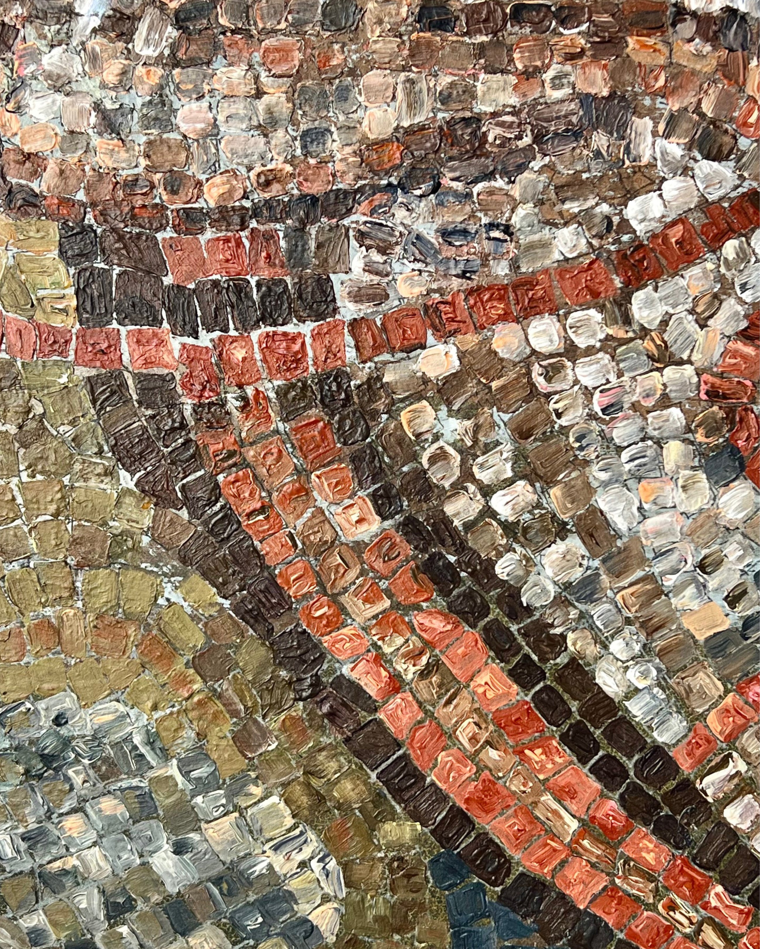 Detail of figurative mosaic artwork with circular rhythm and textured surface.