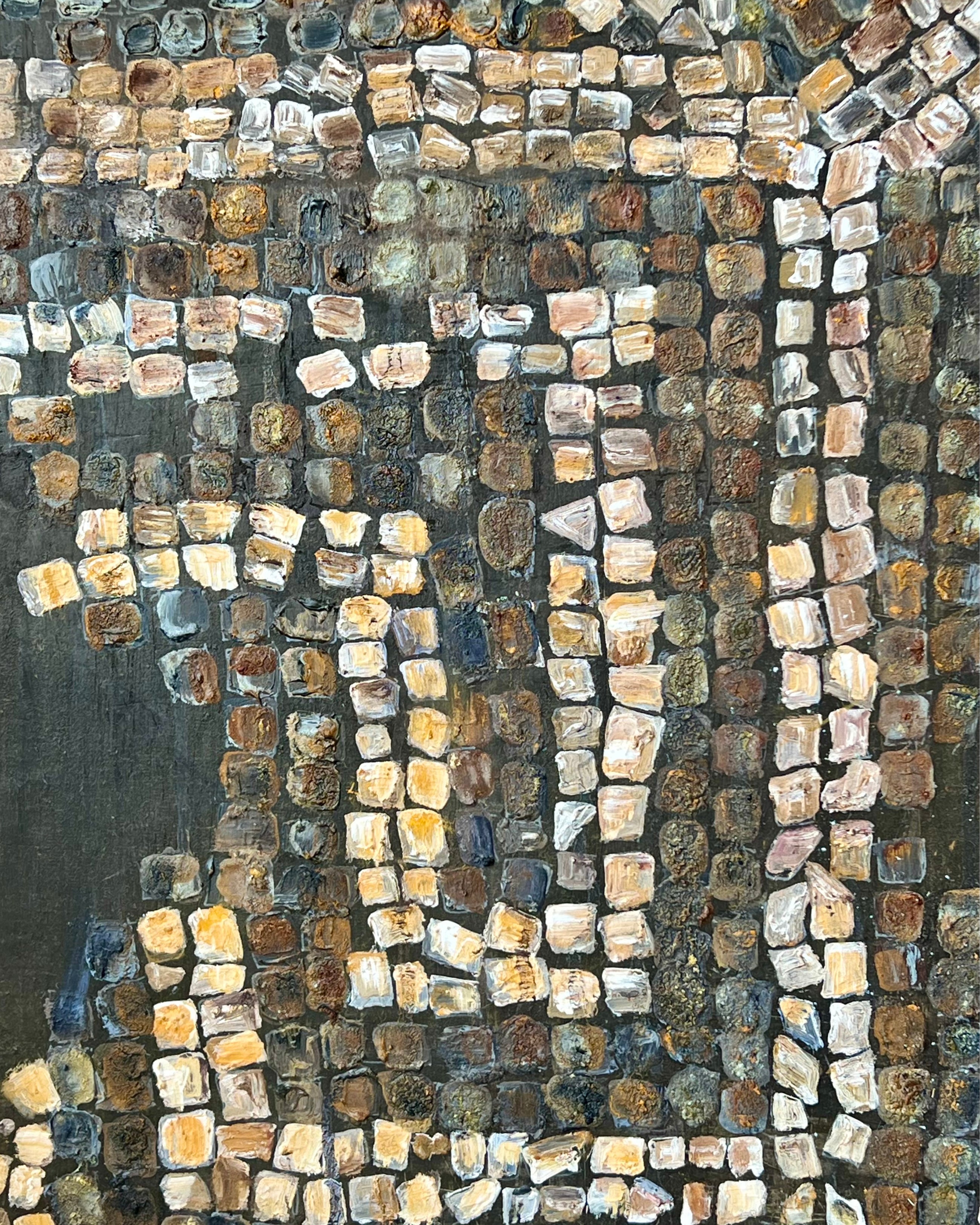Detail of contemporary mosaic painting with small hand-placed colour fields and mineral pigments.