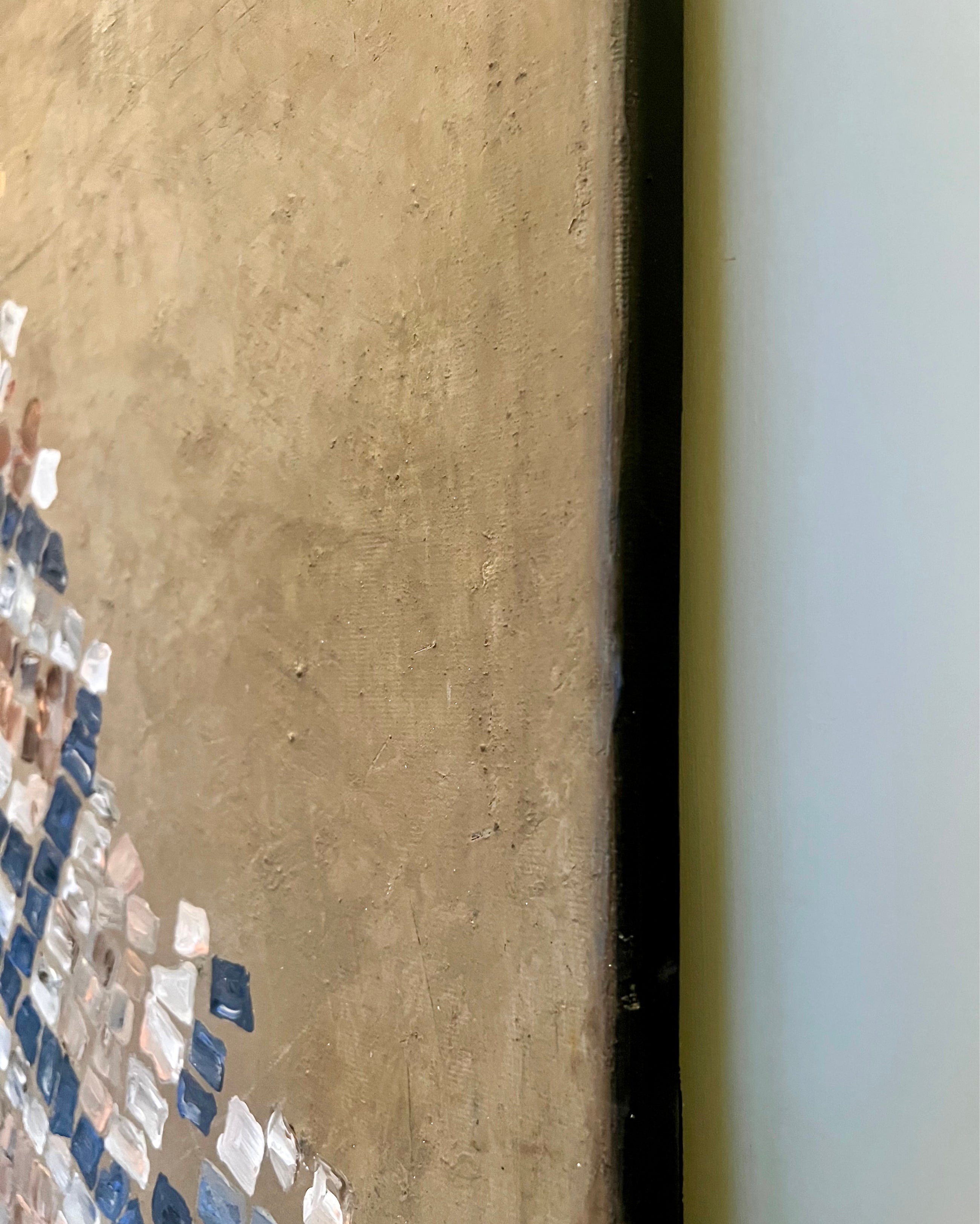 Detail of mosaic artwork with fragmented rhythm and visible canvas background.