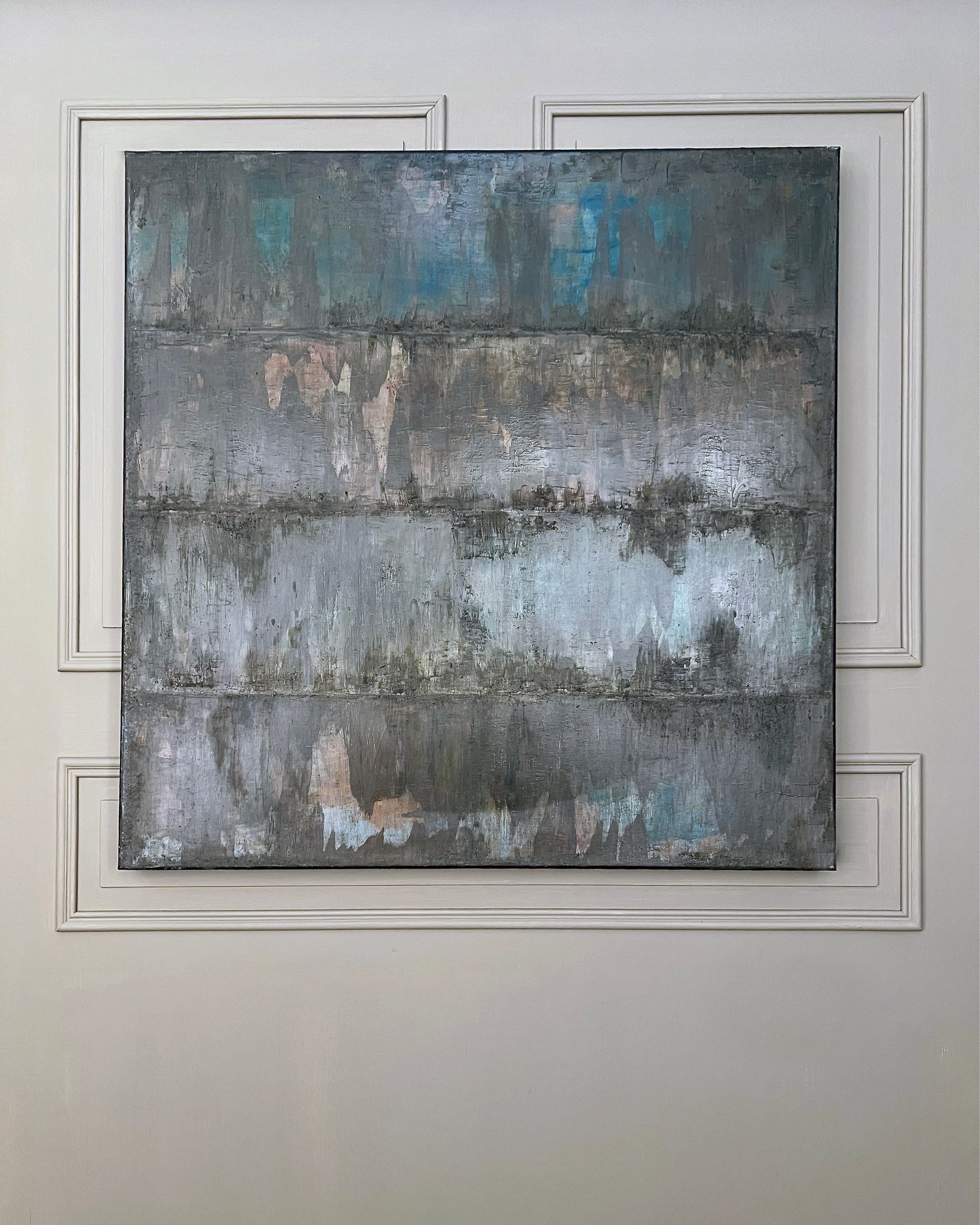 Detail of Pure Patina – Dark II showing layered egg tempera, ash and natural pigments with subtle tonal gradients