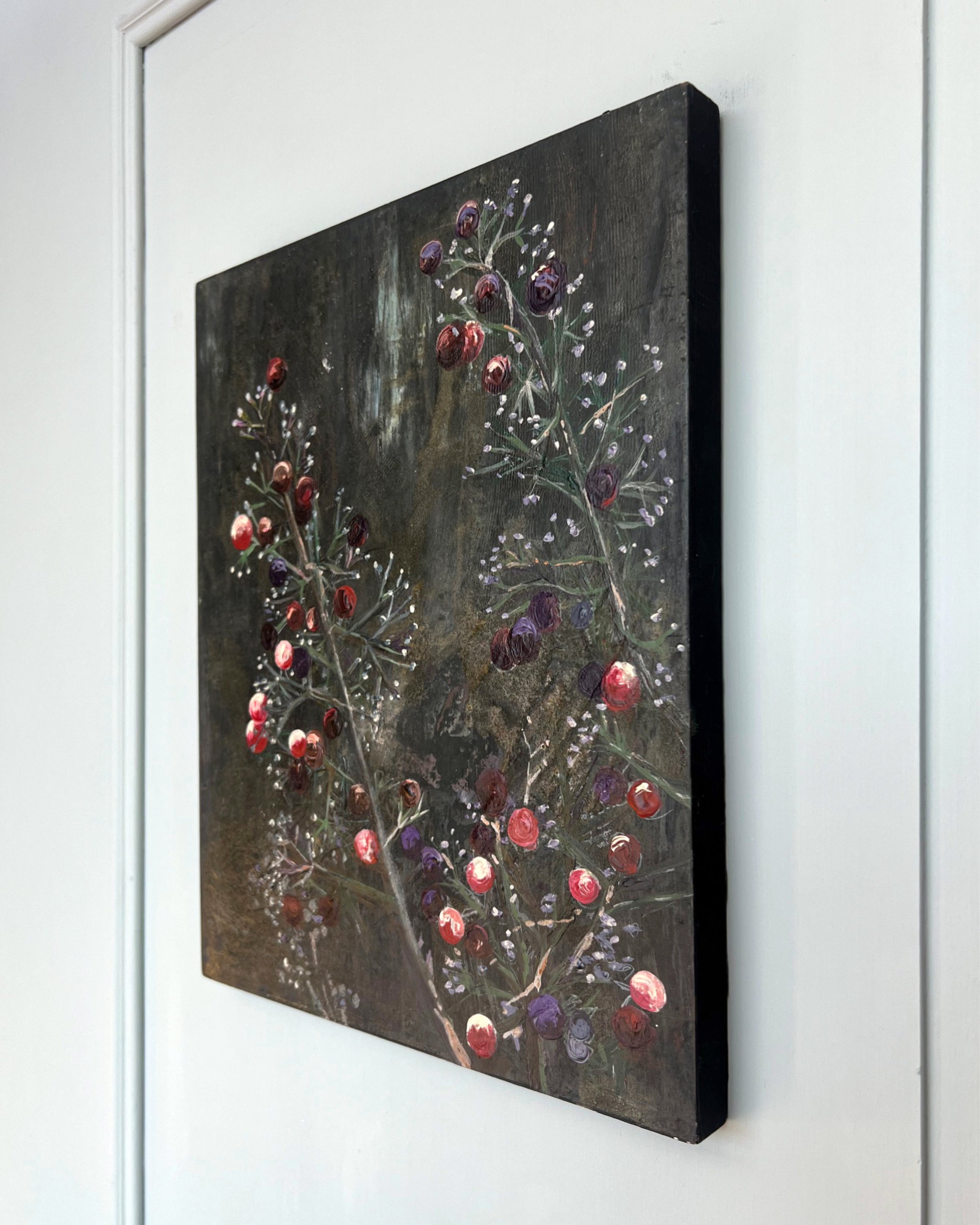 Side view of original mixed media painting on canvas, showing depth and painted edges, THE COLLECTED IV.