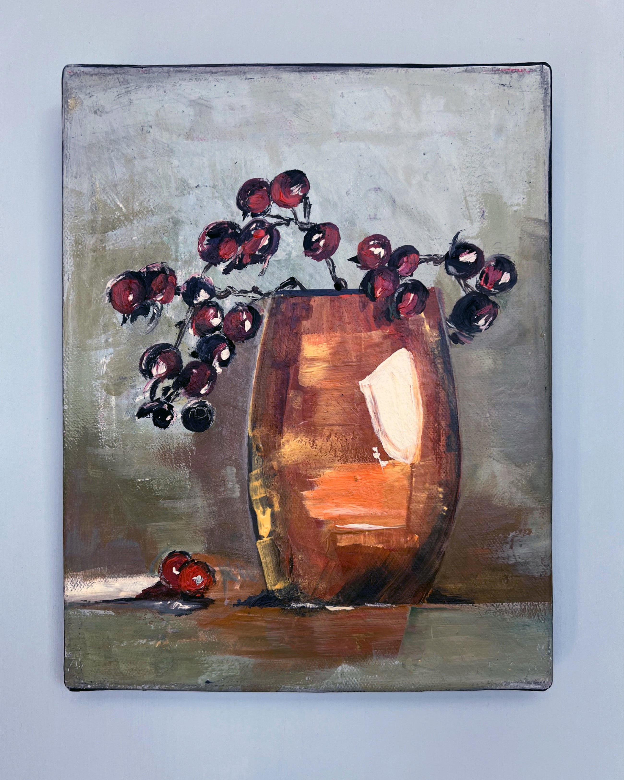 Contemporary still life painting with vessel and dark berries, mixed media on canvas in muted earth tones.