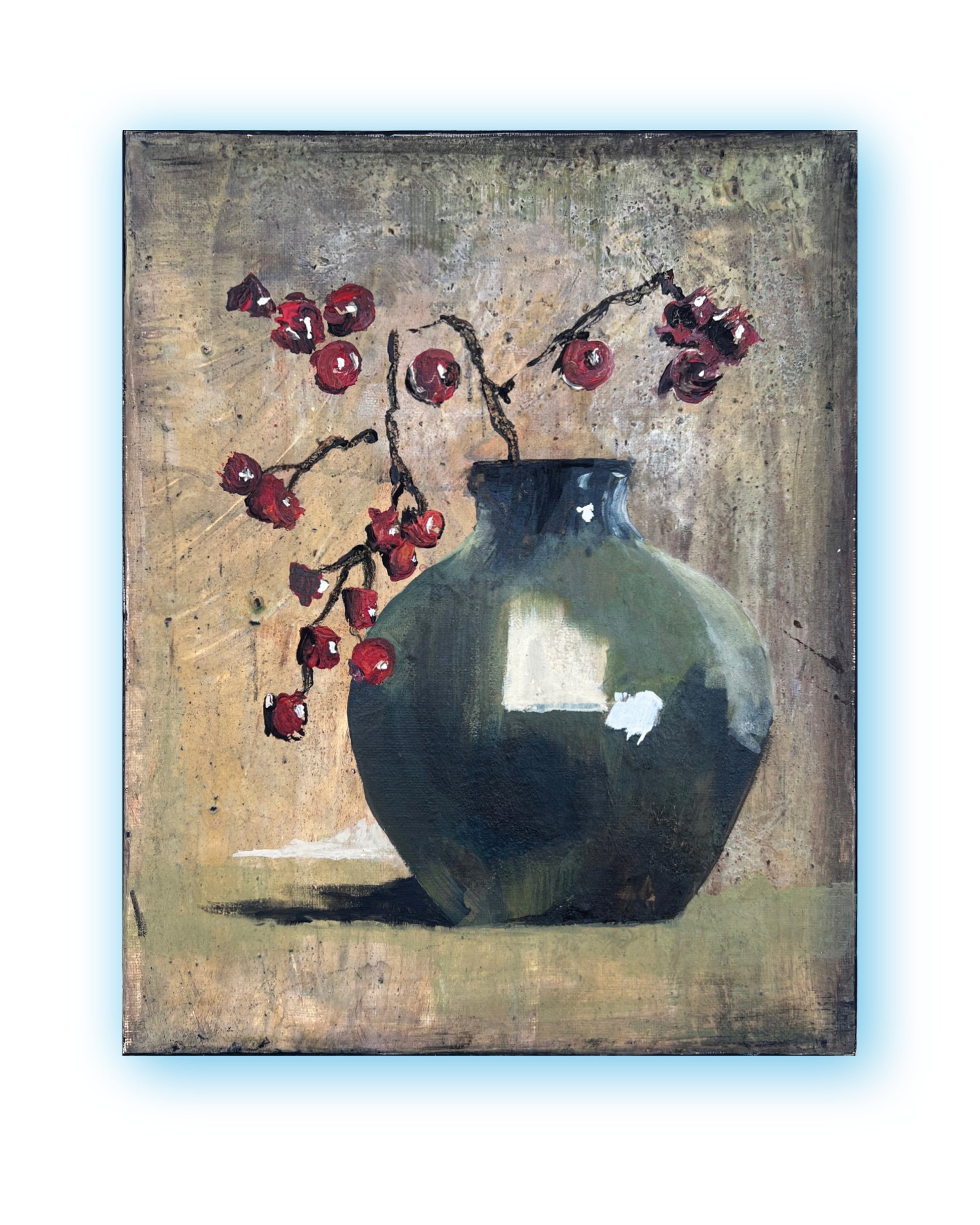 Small-format still life painting with dark ceramic vessel and red berries, mixed media on canvas in muted earth tones.