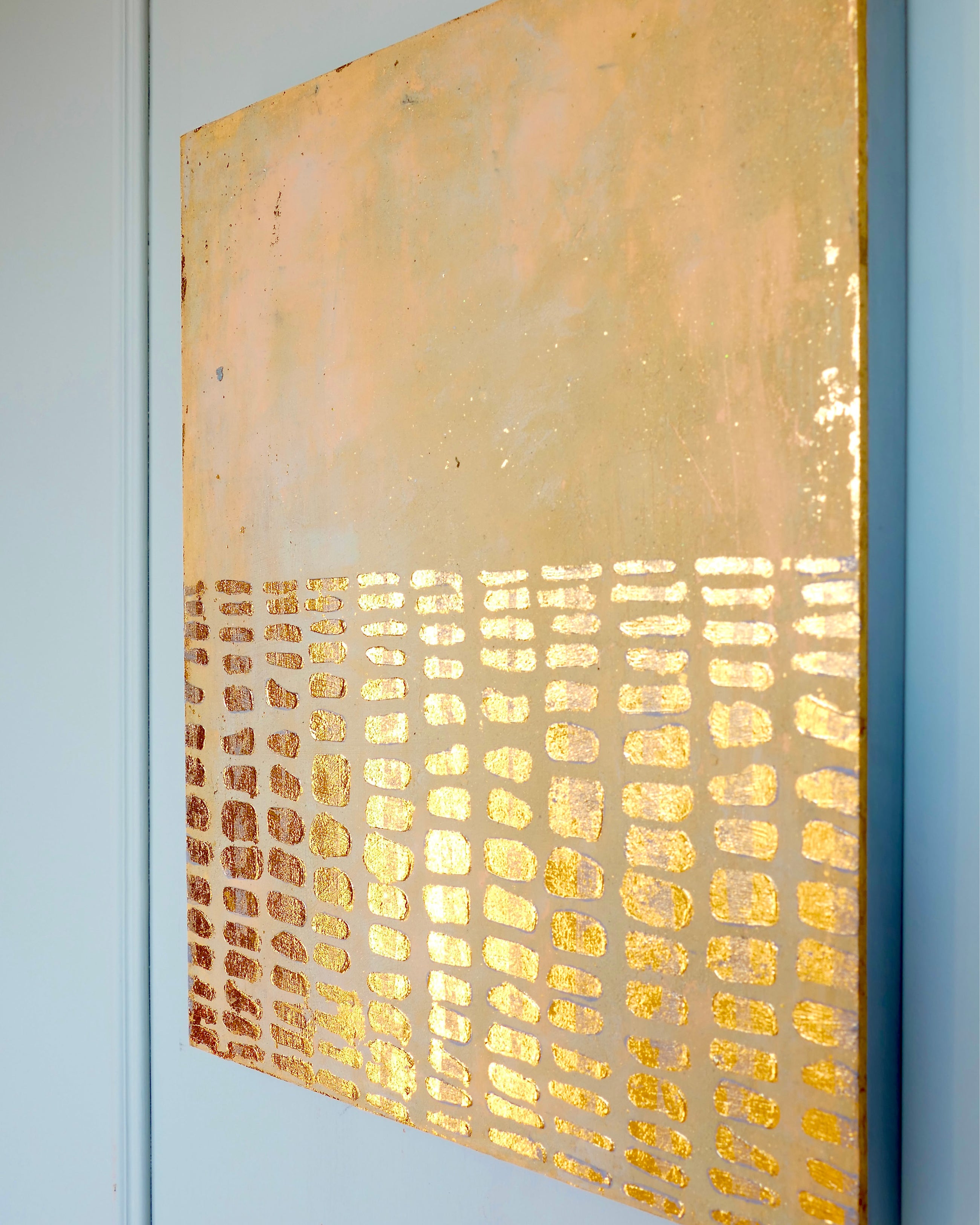Abstract patina artwork with gold details on wood panel, Little Treasures series by PATINA & ORO
