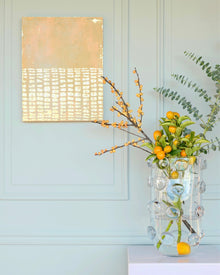 Abstract patina artwork with gold details on wood panel, displayed on wall, Little Treasures series
