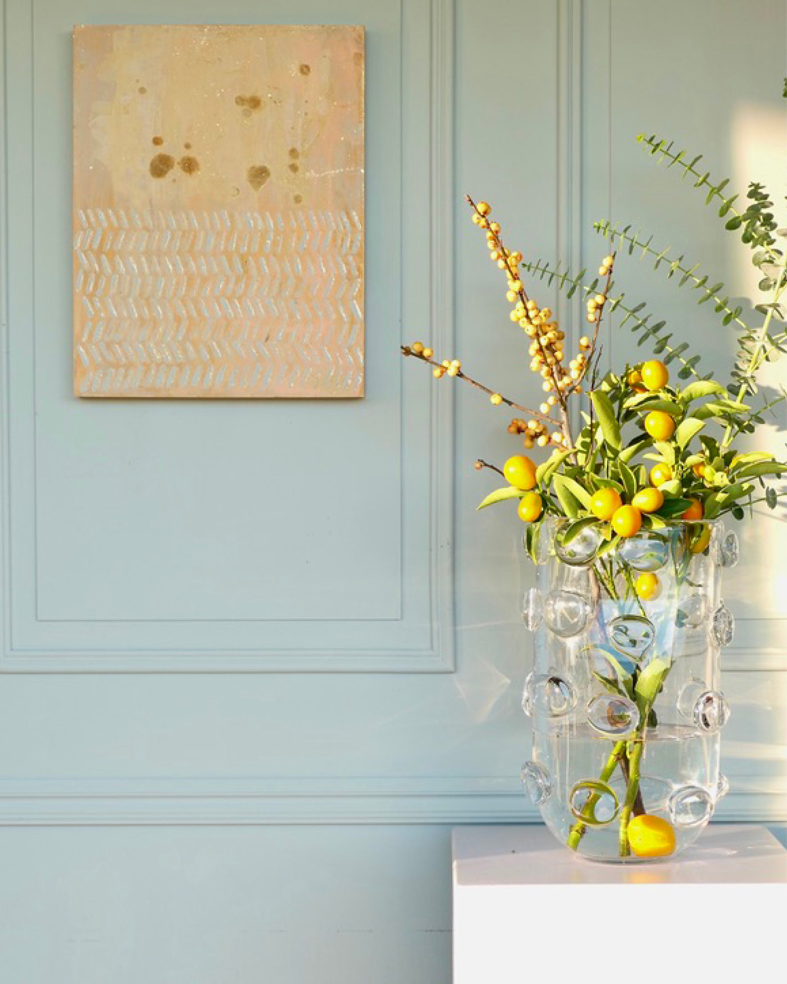 Abstract patina artwork with gold details on wood panel, displayed in interior, Little Treasures series by PATINA & ORO
