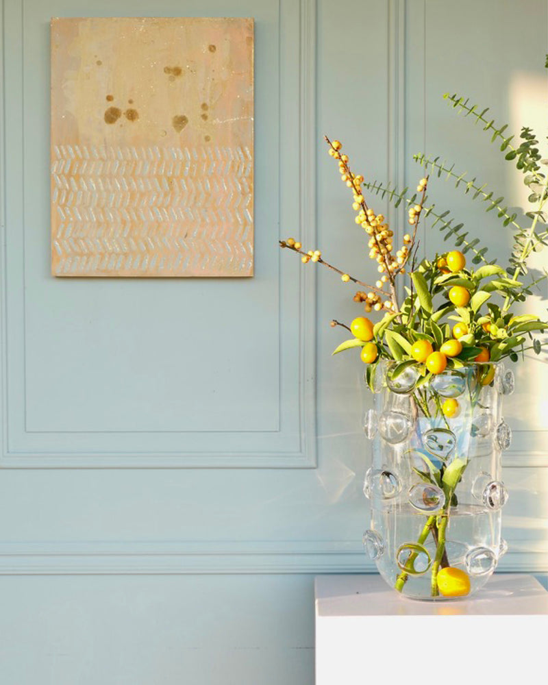 Abstract patina artwork with gold details on wood panel, displayed in interior, Little Treasures series by PATINA & ORO
