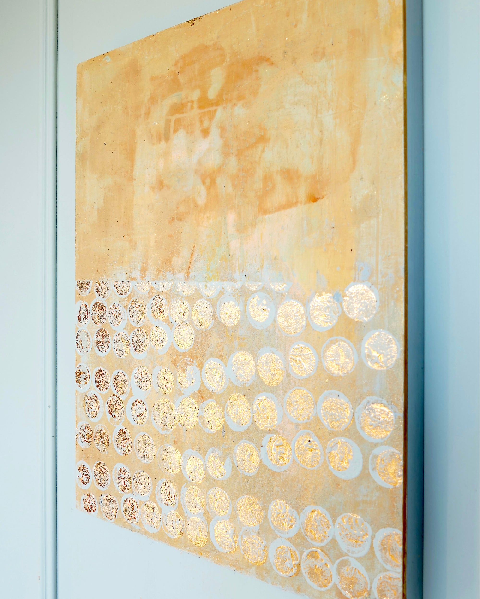 Abstract patina artwork with gold details on wood panel, Little Treasures series by PATINA & ORO
