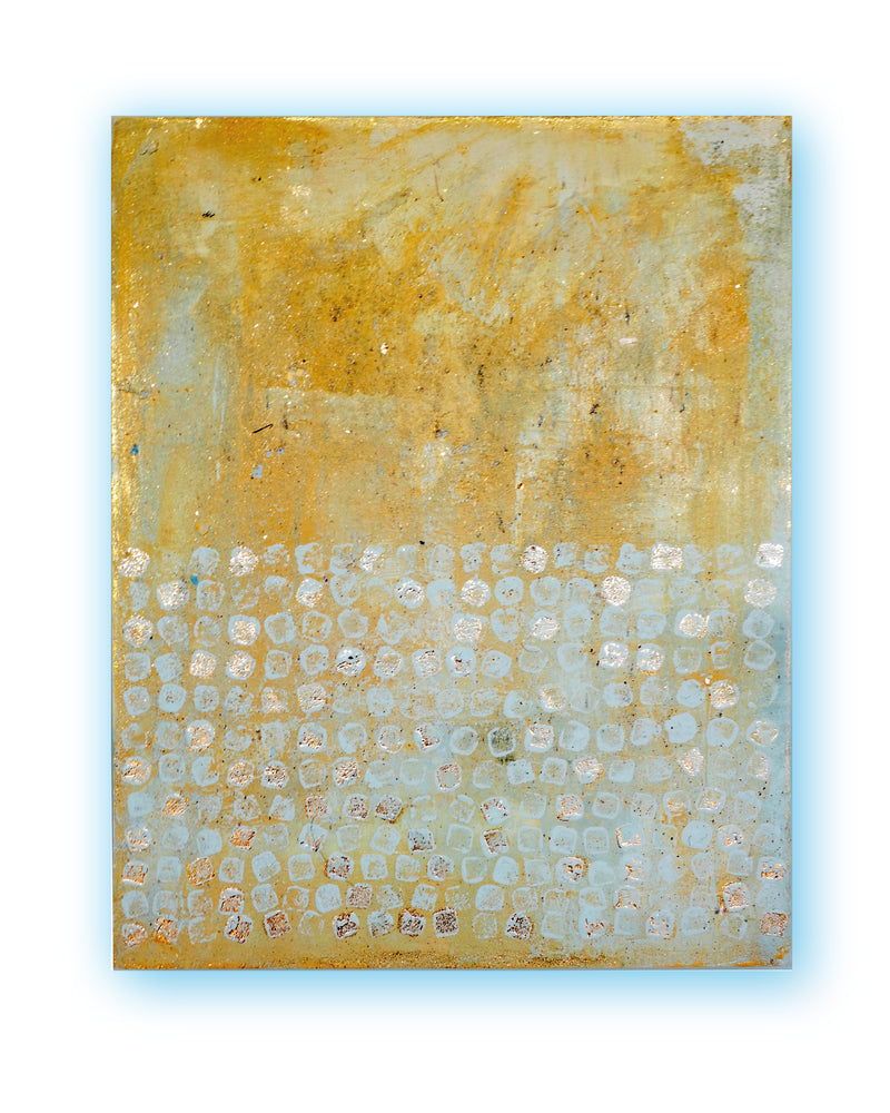 Abstract patina artwork with gold details on wood panel, Little Treasures series by PATINA & ORO
