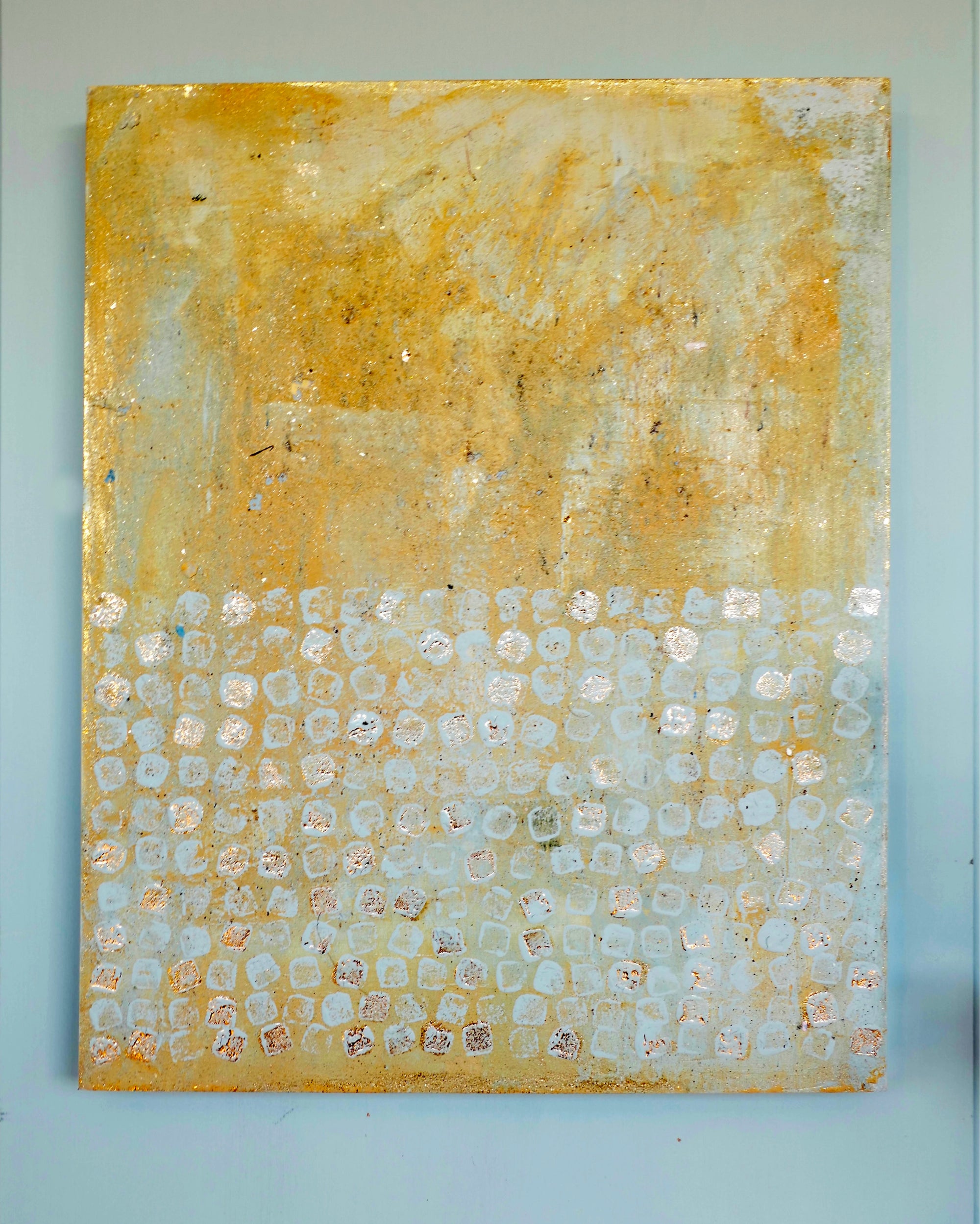 Abstract patina artwork with gold details on wood panel, Little Treasures series by PATINA & ORO
