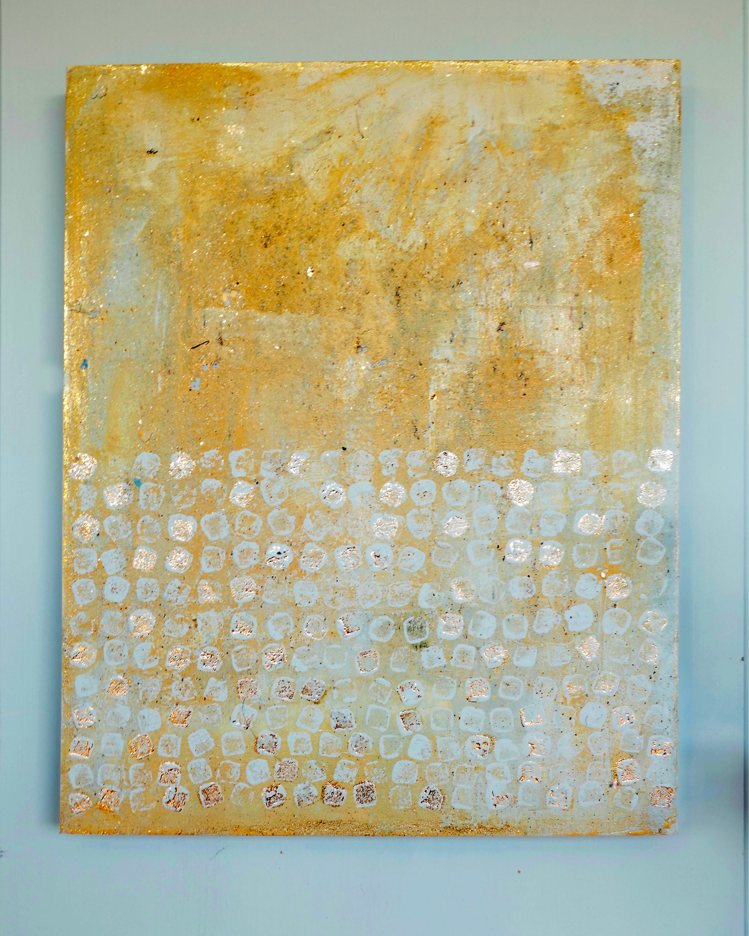 Abstract patina artwork with gold details on wood panel, Little Treasures series by PATINA & ORO
