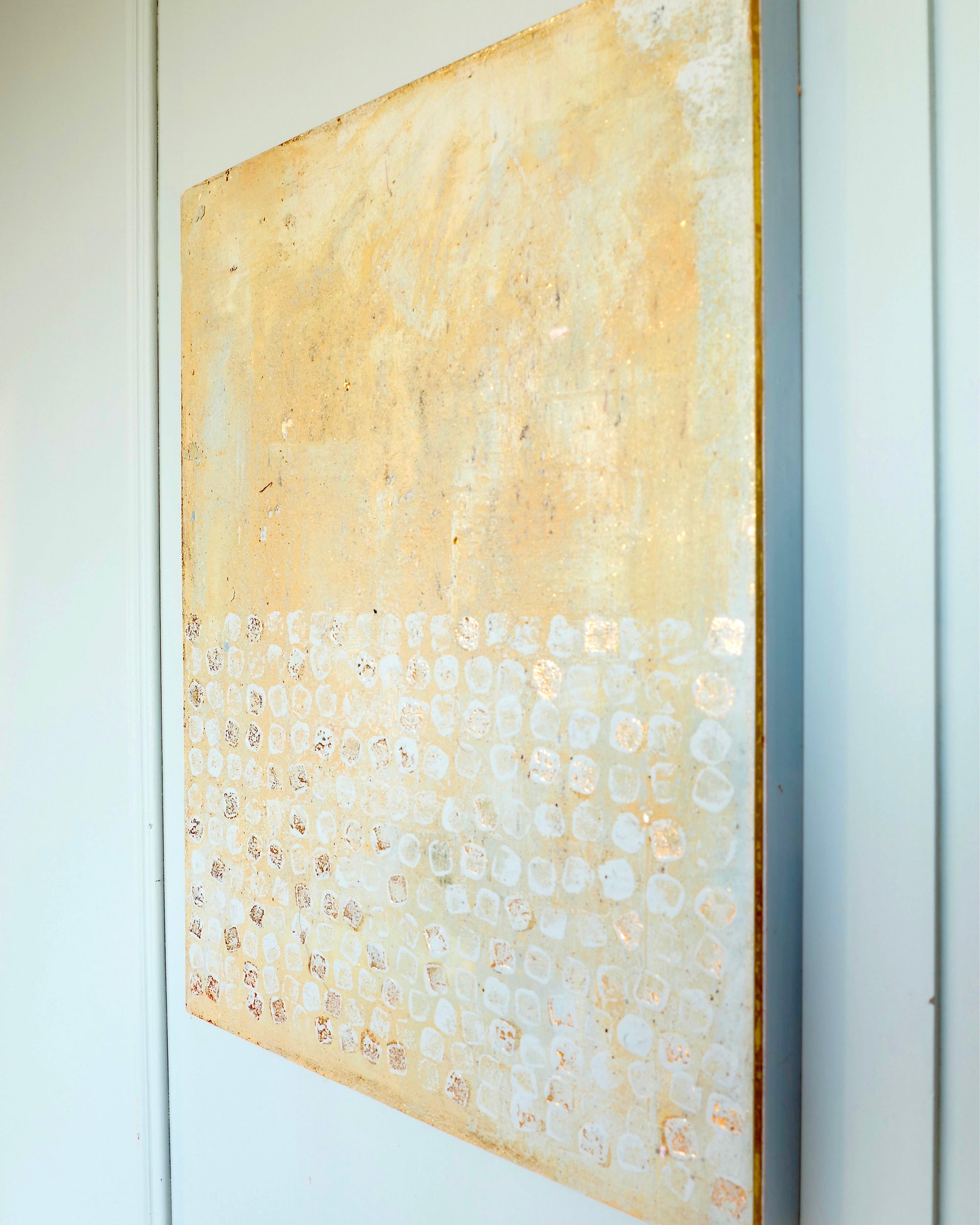 Abstract patina artwork with gold details on wood panel, Little Treasures series by PATINA & ORO
