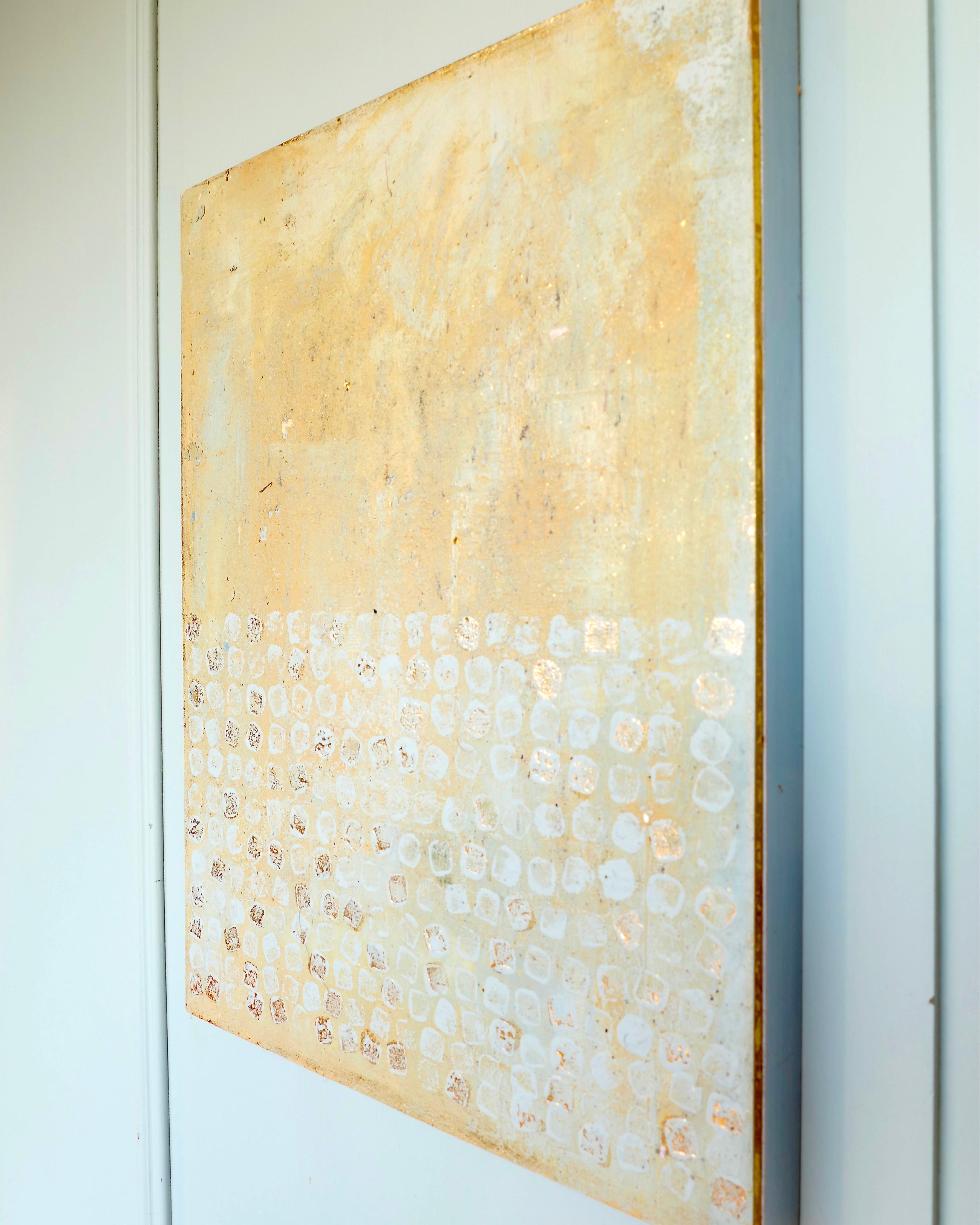 Abstract patina artwork with gold details on wood panel, Little Treasures series by PATINA & ORO
