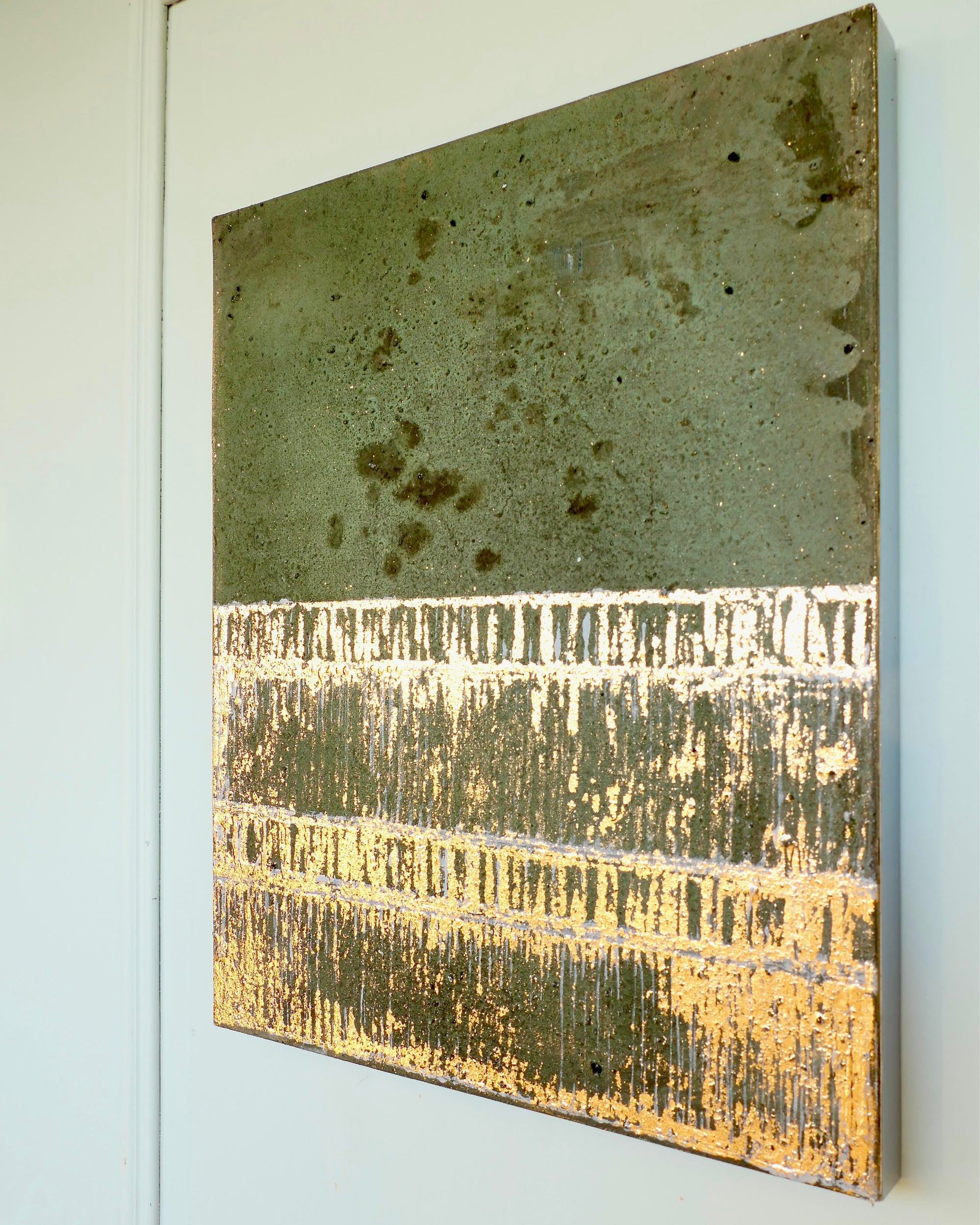 Abstract patina artwork with gold details on wood panel, Little Treasures series by PATINA & ORO
