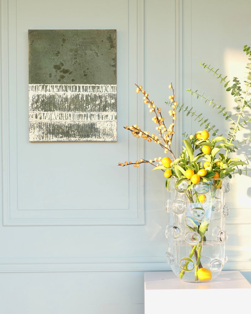 Abstract patina artwork with gold details on wood panel, displayed in interior, Little Treasures series by PATINA & ORO
