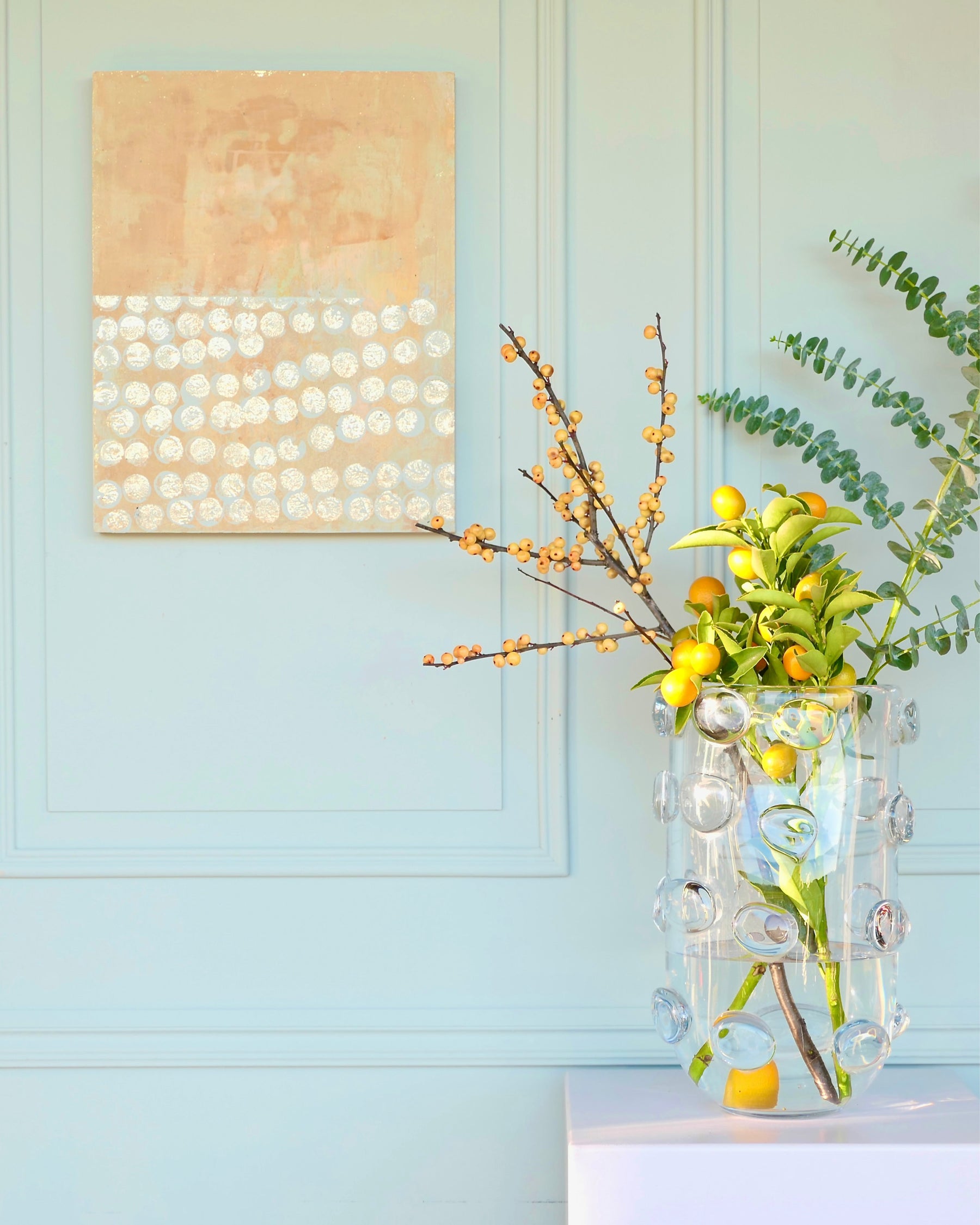 Abstract patina artwork with gold details on wood panel, displayed on wall, Little Treasures series
