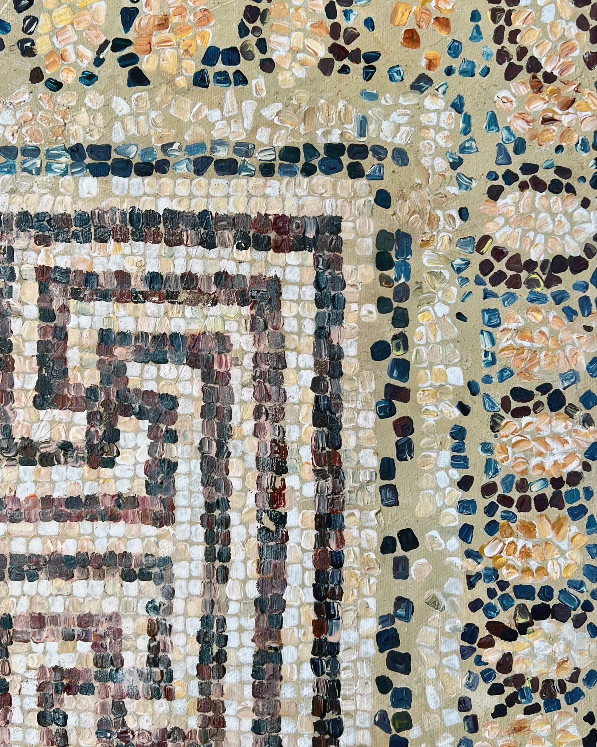 Detail of Mosaic I showing layered surface, mineral pigments and egg tempera texture on canvas