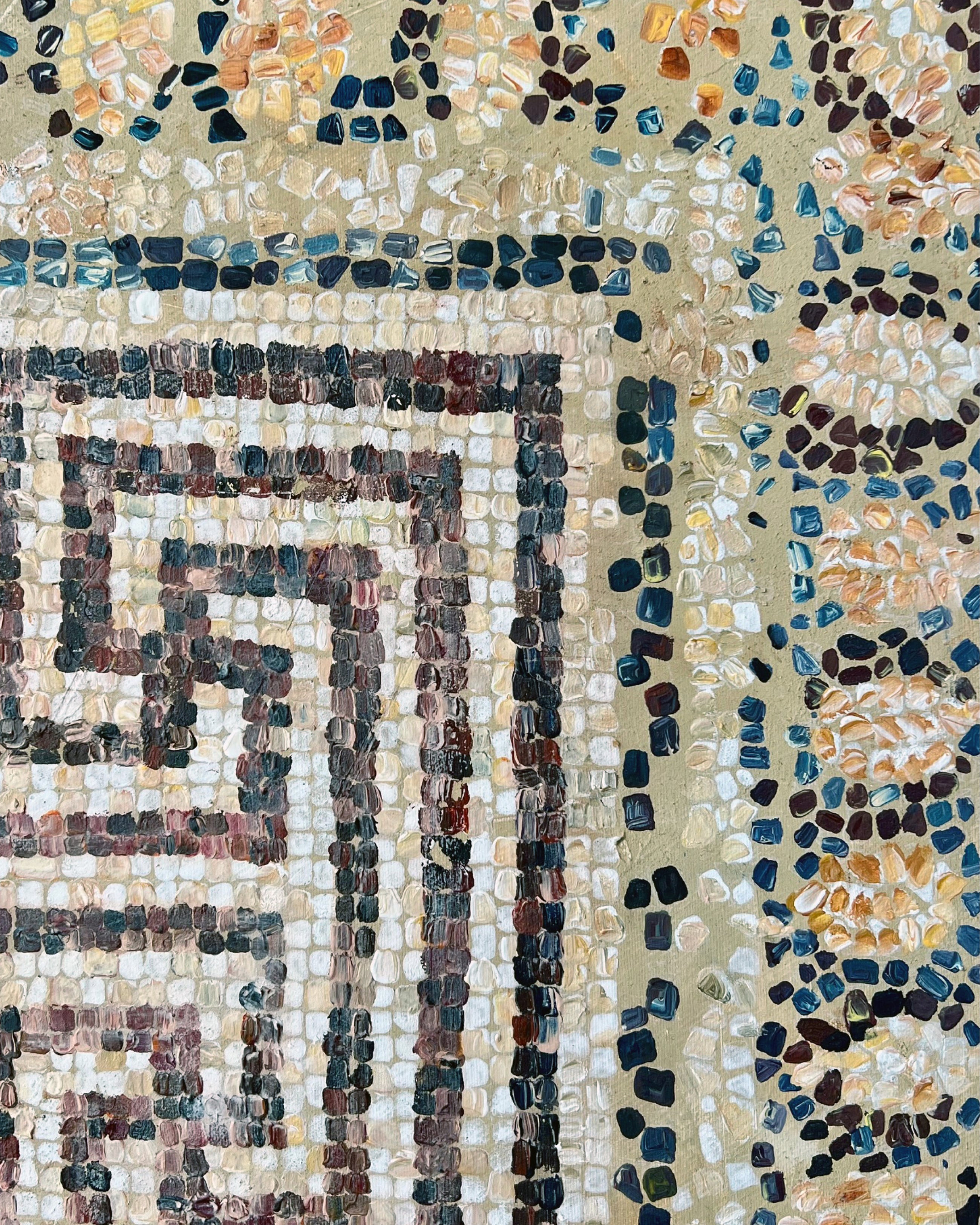 Detail of Mosaic I showing layered surface, mineral pigments and egg tempera texture on canvas