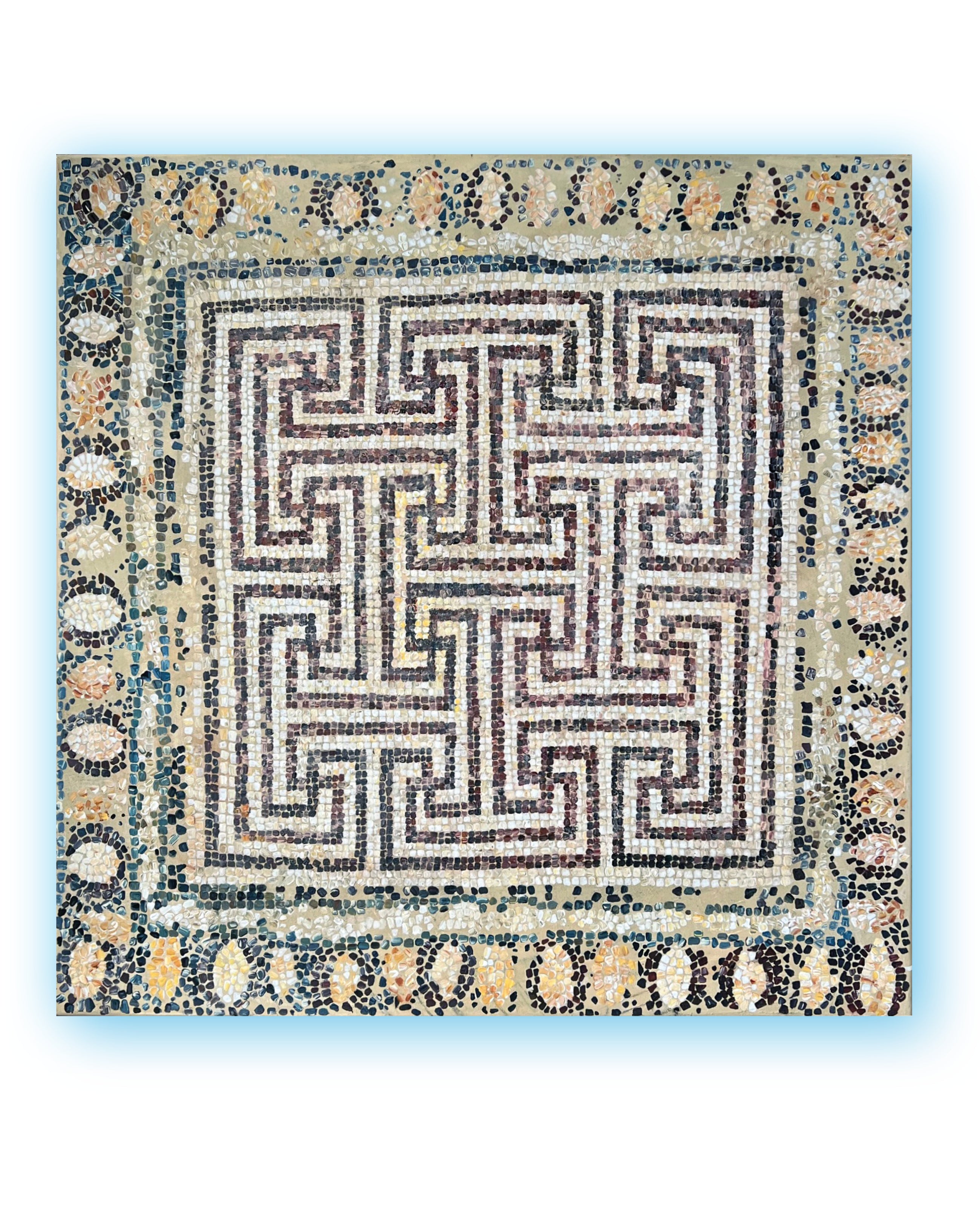 Mosaic I, contemporary abstract painting inspired by ancient mosaic traditions, layered egg tempera, pigments and ash on canvas, 80 × 80 cm