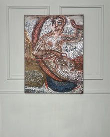 Contemporary mosaic-inspired painting depicting a fragmented human figure through curved lines and muted blue and earth tones.