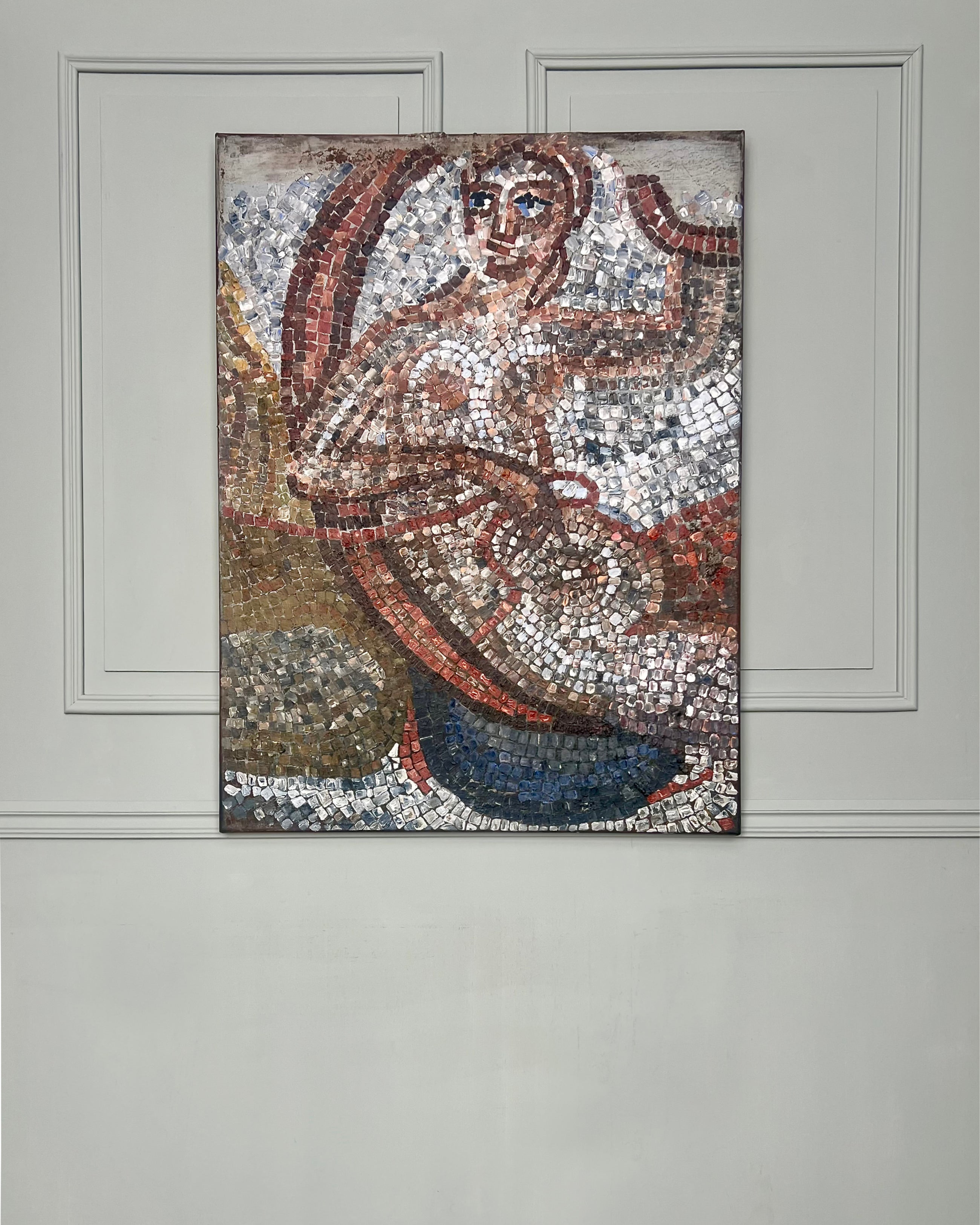 Contemporary mosaic-inspired painting depicting a fragmented human figure through curved lines and muted blue and earth tones.