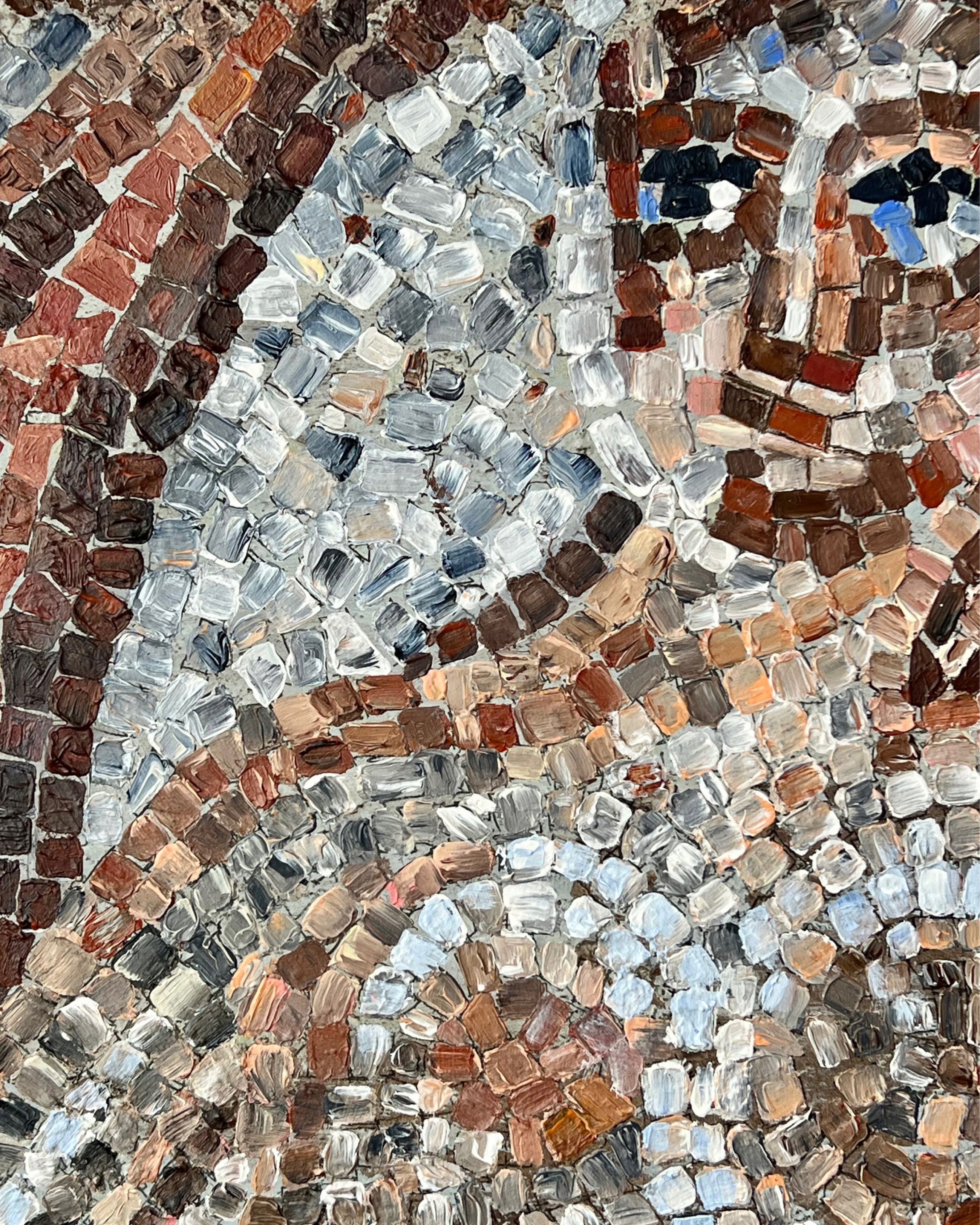 Close-up of mosaic painting showing hand-painted square elements and layered mineral pigments.