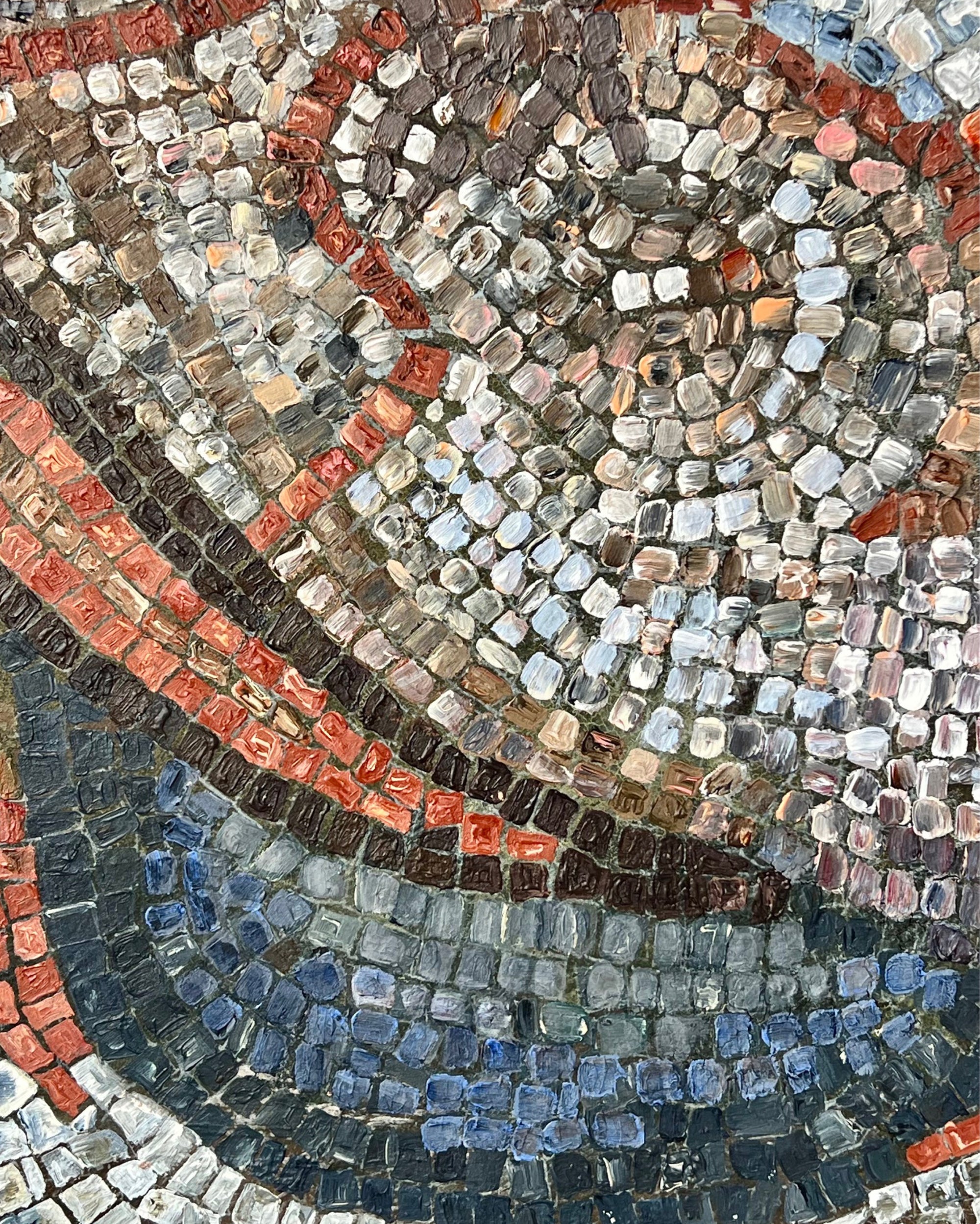 Detail of figurative mosaic artwork with circular rhythm and textured surface.