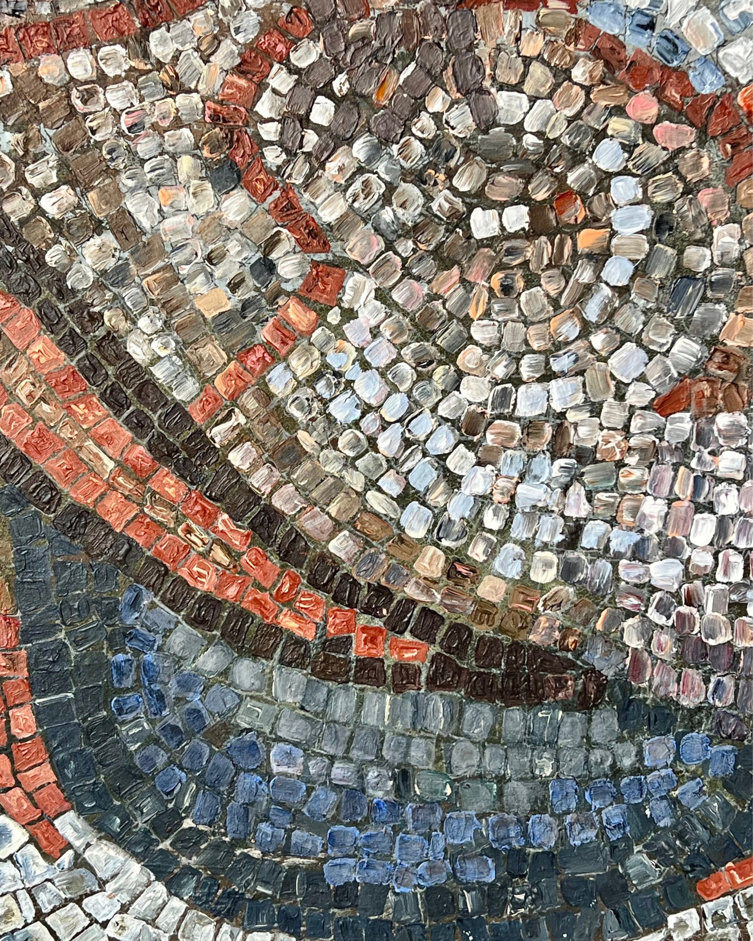 Detail of figurative mosaic artwork with circular rhythm and textured surface.