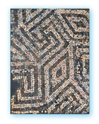 Contemporary mosaic-inspired abstract painting on canvas in muted earth tones, labyrinth structure, handmade surface texture.