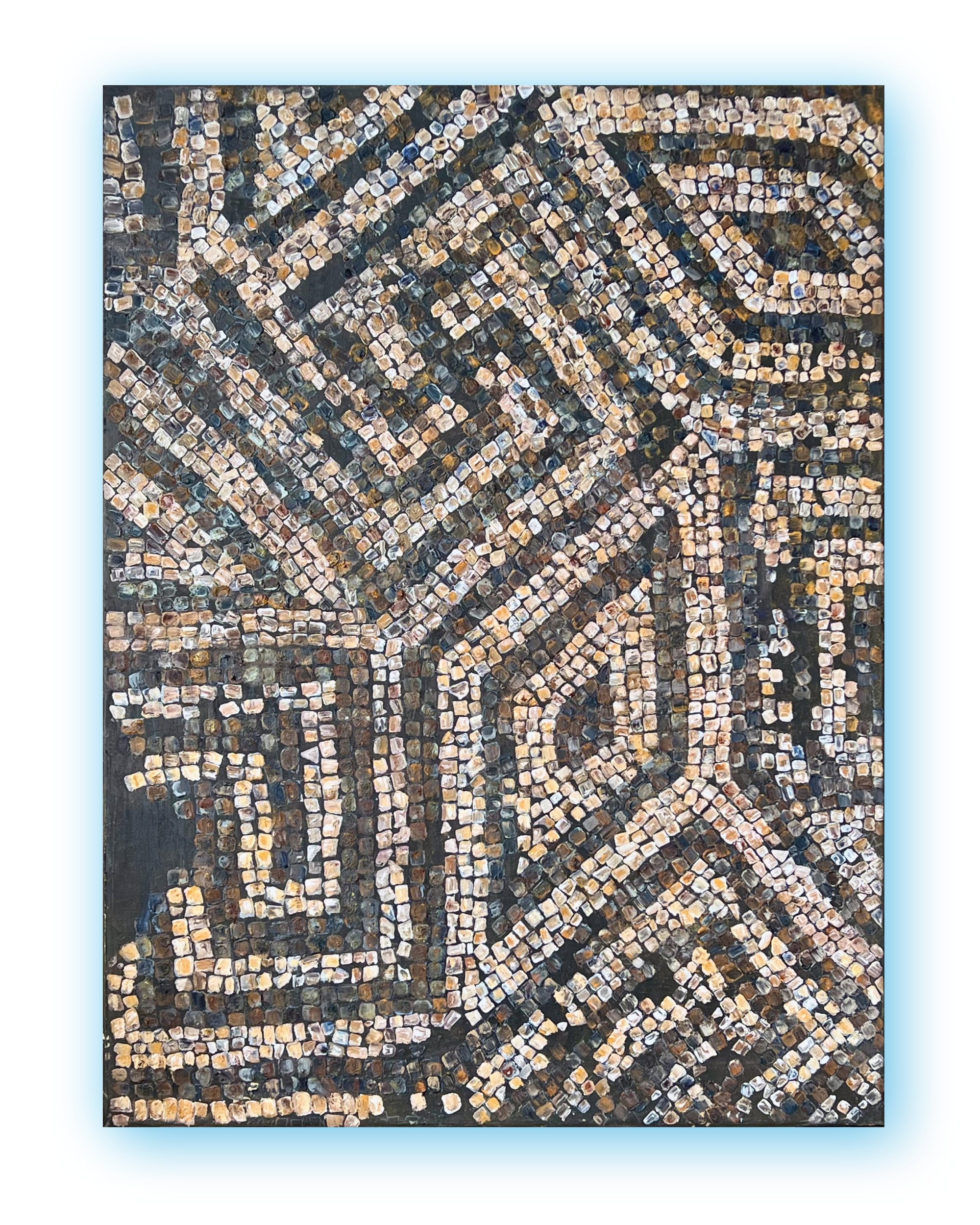 Contemporary mosaic-inspired abstract painting on canvas in muted earth tones, labyrinth structure, handmade surface texture.