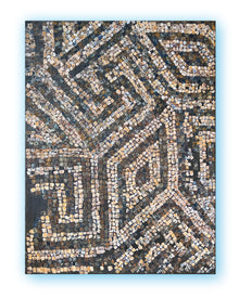 Contemporary mosaic-inspired abstract painting on canvas in muted earth tones, labyrinth structure, handmade surface texture.