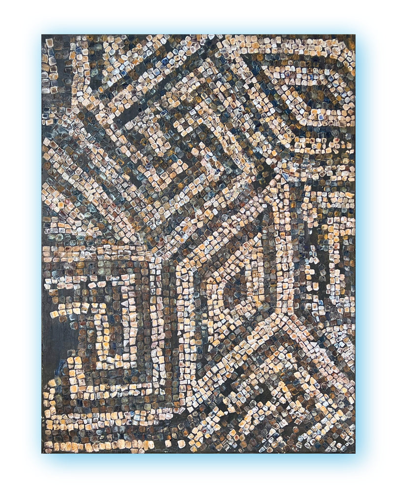 Contemporary mosaic-inspired abstract painting on canvas in muted earth tones, labyrinth structure, handmade surface texture.