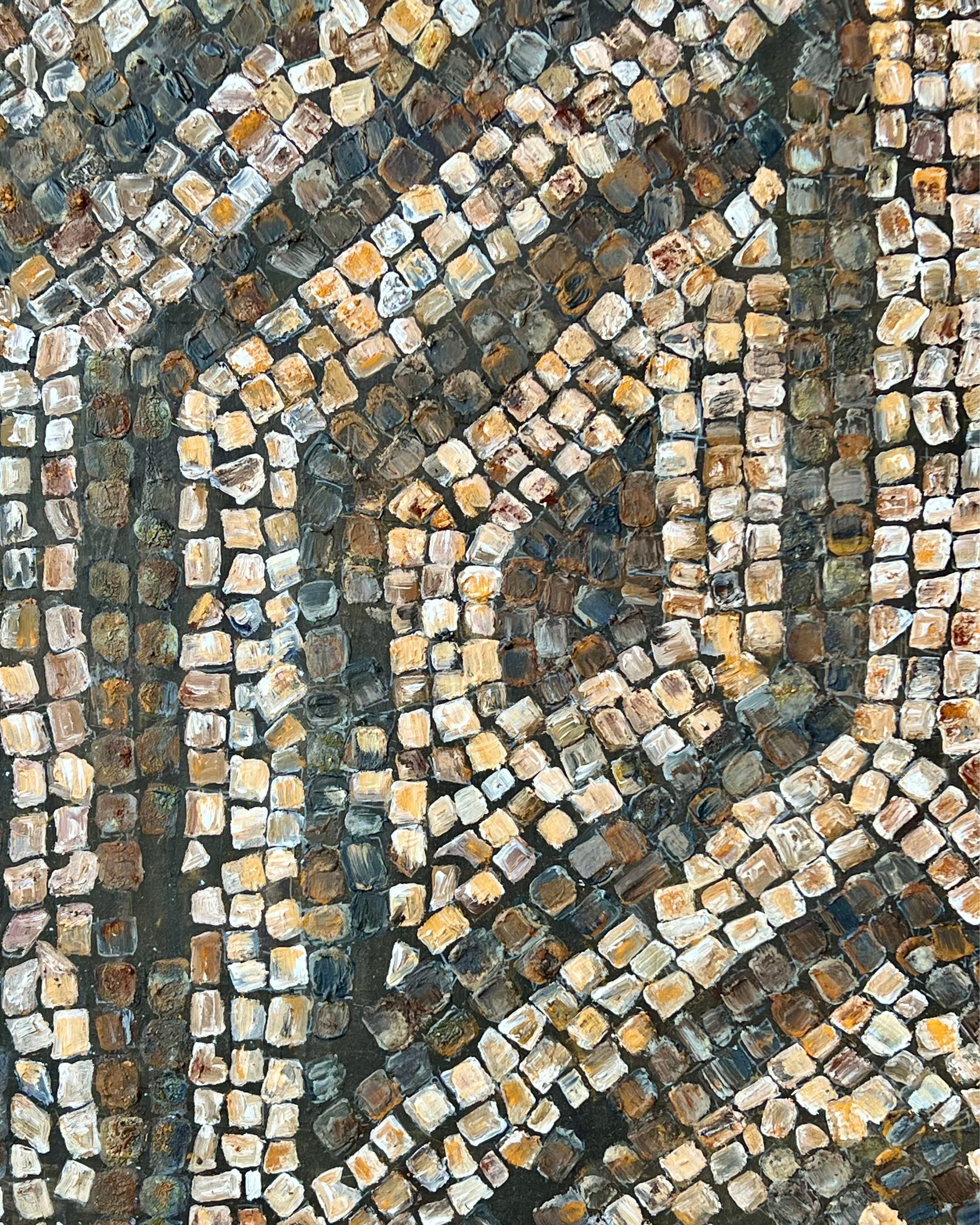 Close-up of mosaic surface showing rhythm, texture and subtle colour variations.