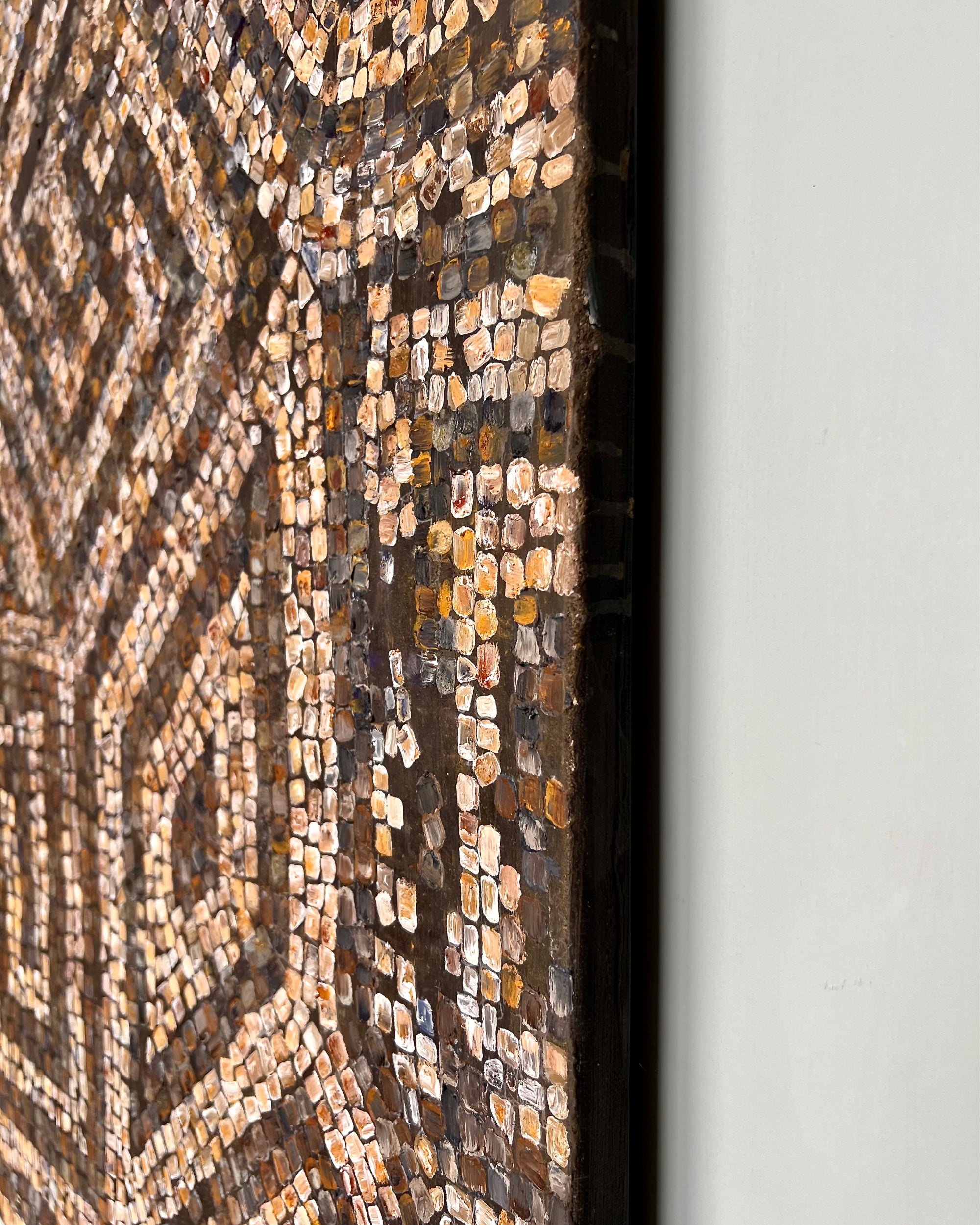 Contemporary mosaic-inspired abstract painting on canvas in muted earth tones, labyrinth structure, handmade surface texture.