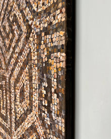 Contemporary mosaic-inspired abstract painting on canvas in muted earth tones, labyrinth structure, handmade surface texture.