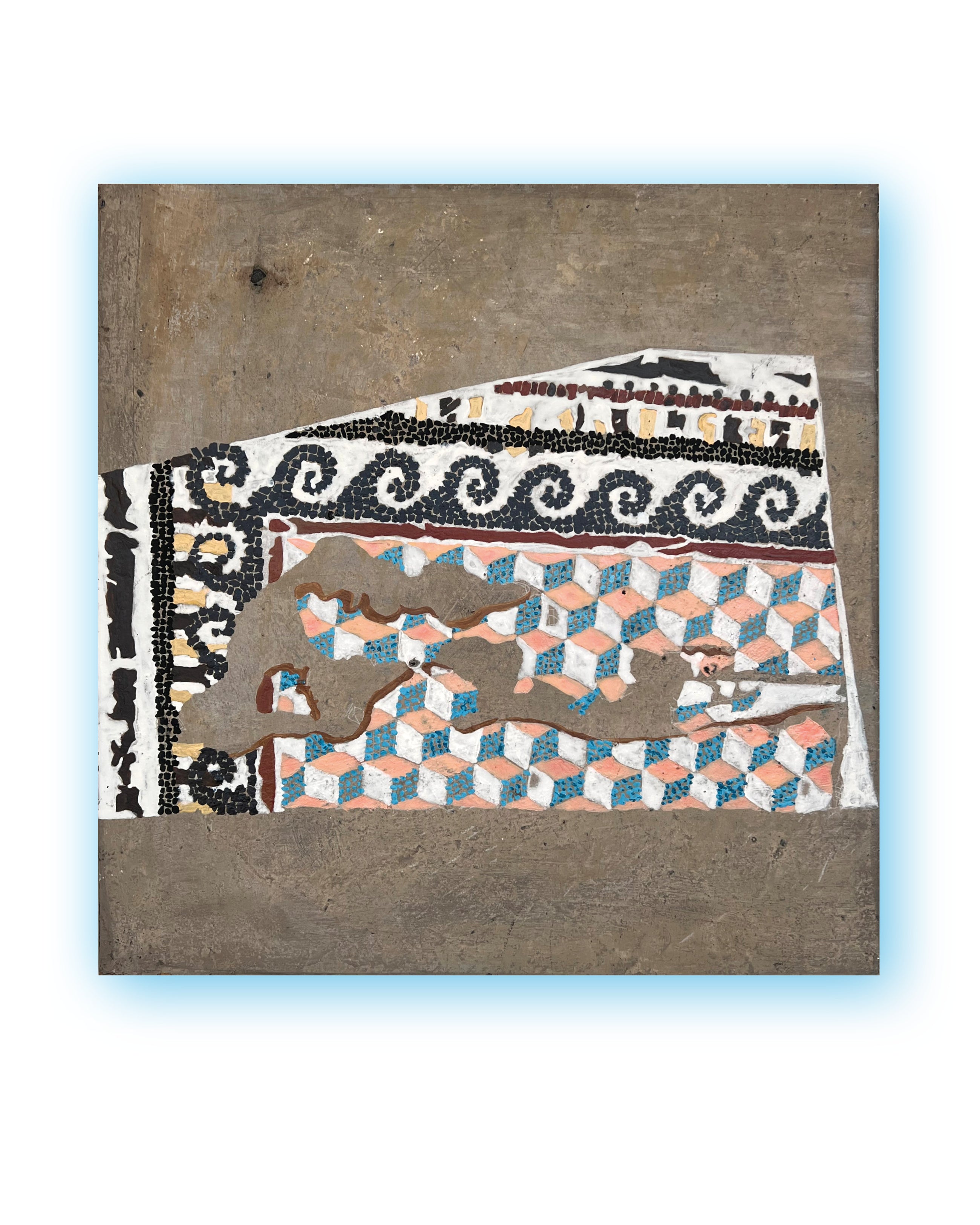 Contemporary mosaic artwork inspired by ancient floor fragments, geometric pattern with softened colors, mixed media, 40x40 cm