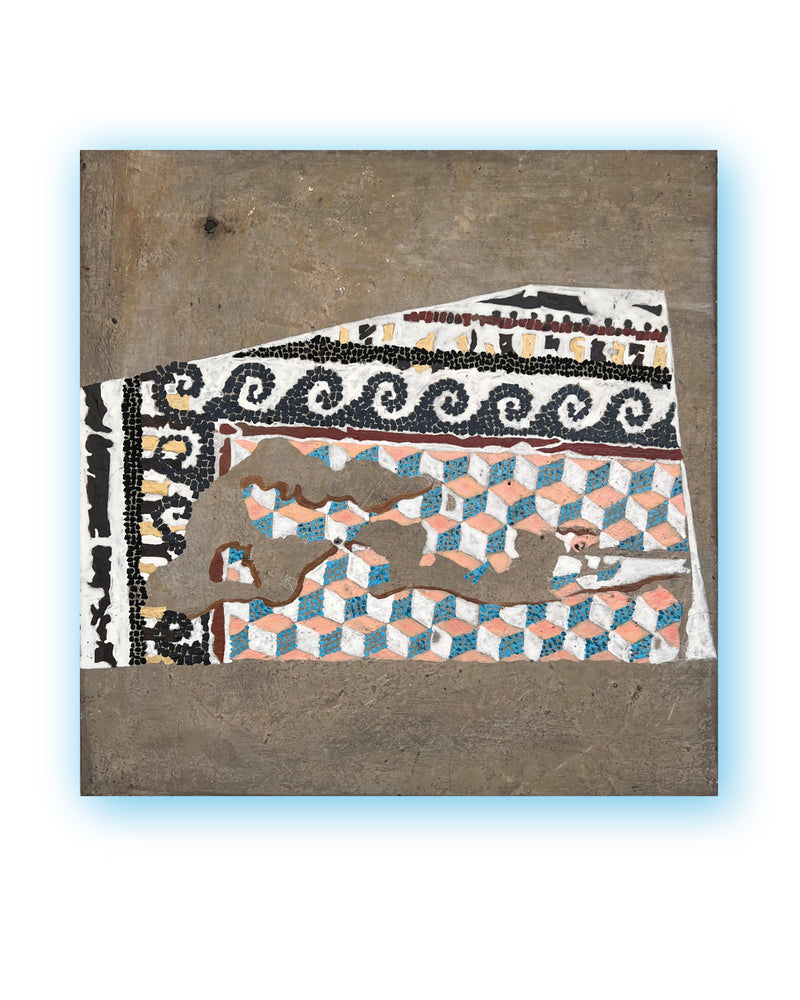 Contemporary mosaic artwork inspired by ancient floor fragments, geometric pattern with softened colors, mixed media, 40x40 cm