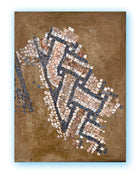 Abstract mosaic-inspired painting on canvas with suspended tessera-like elements in blue, off-white and warm earth tones.