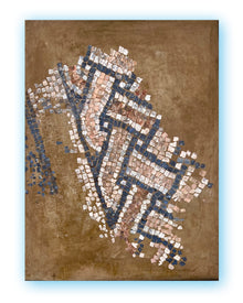 Abstract mosaic-inspired painting on canvas with suspended tessera-like elements in blue, off-white and warm earth tones.