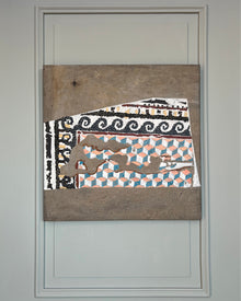 Close-up of modern mosaic artwork with irregular geometry, erosion-inspired structure and muted tones