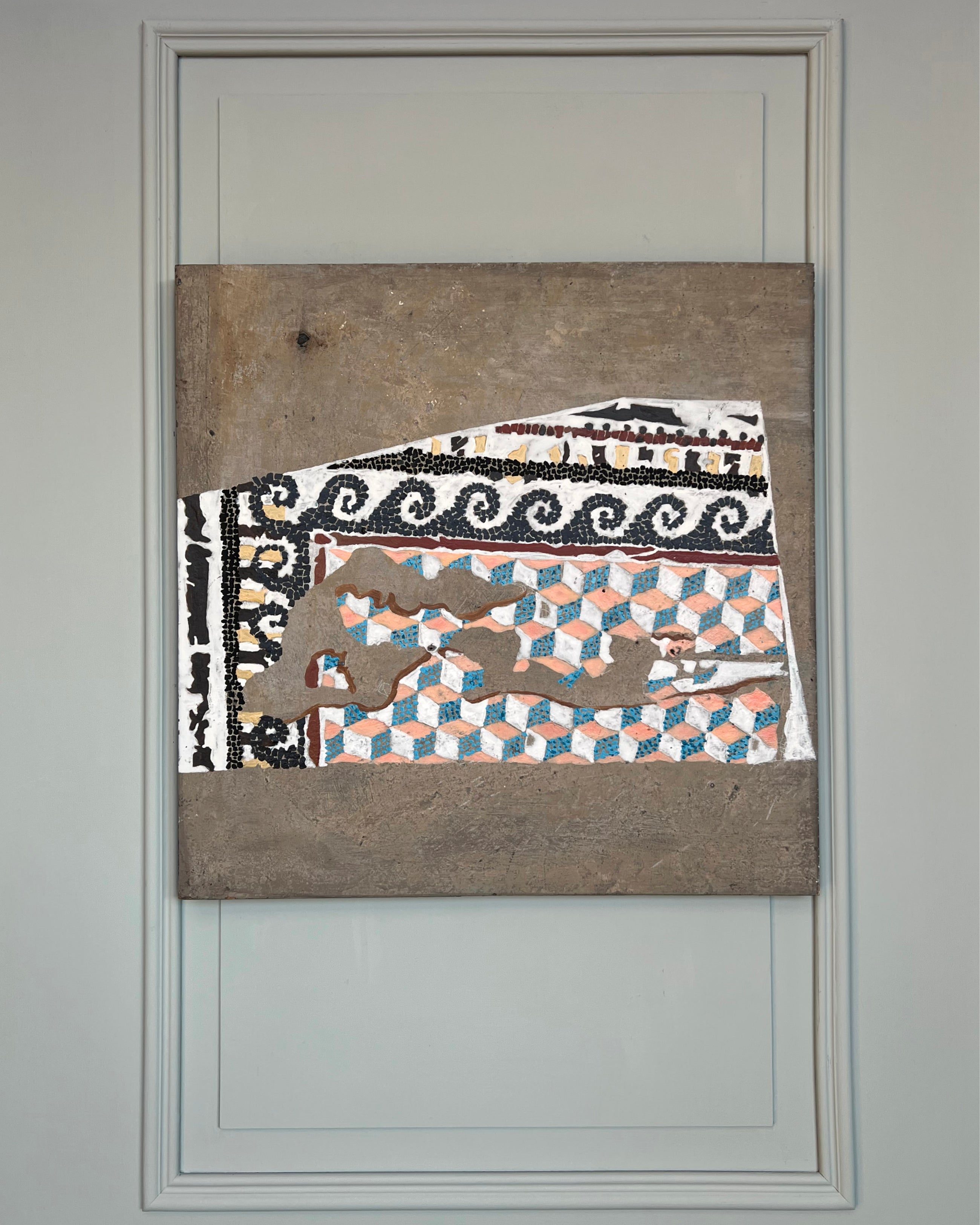 Close-up of modern mosaic artwork with irregular geometry, erosion-inspired structure and muted tones