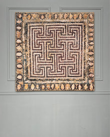 Mosaic I, contemporary abstract painting inspired by ancient mosaic traditions, layered egg tempera, pigments and ash on canvas, 80 × 80 cm