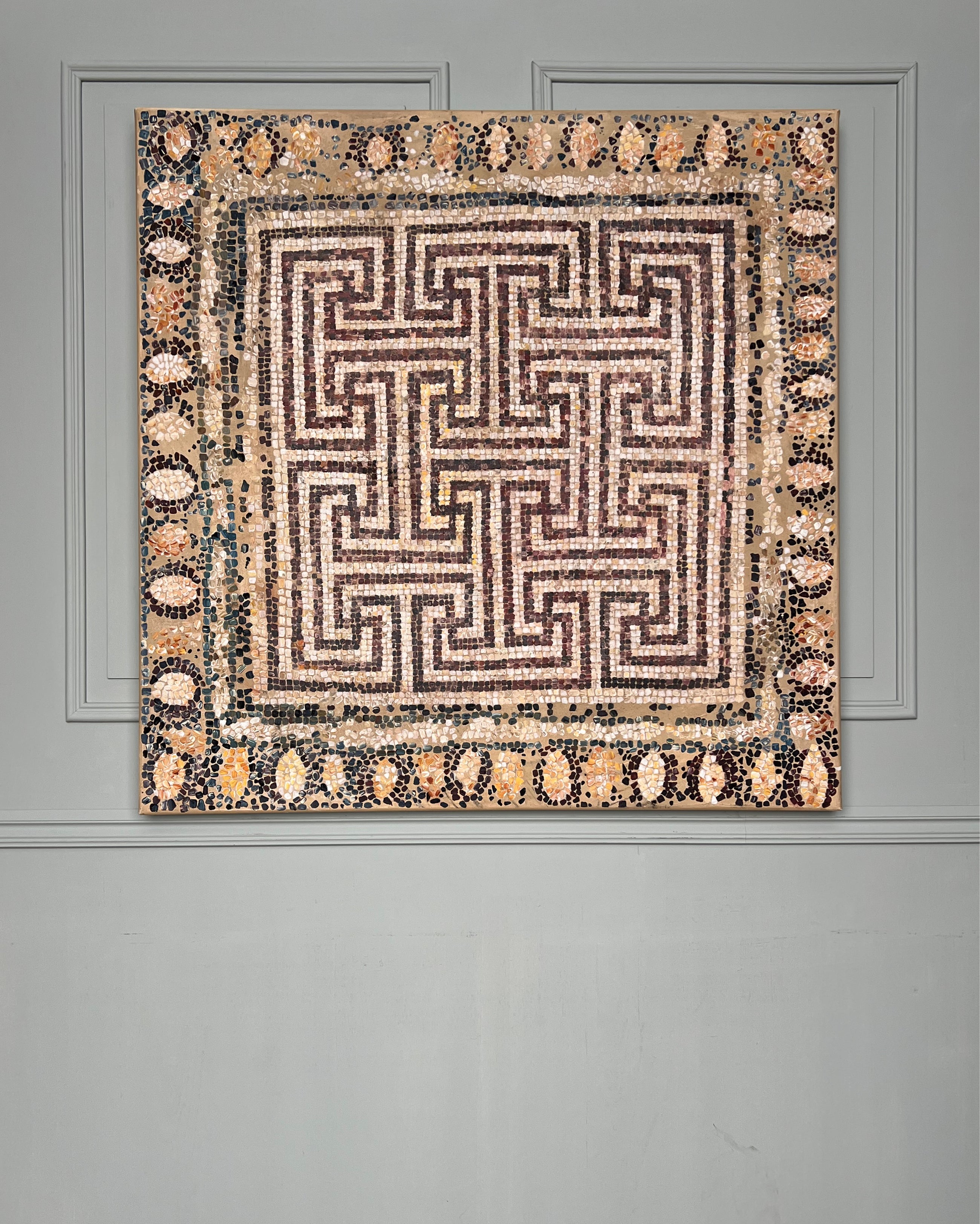 Mosaic I, contemporary abstract painting inspired by ancient mosaic traditions, layered egg tempera, pigments and ash on canvas, 80 × 80 cm