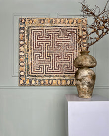 Mosaic I, contemporary abstract painting inspired by ancient mosaic traditions, layered egg tempera, pigments and ash on canvas, 80 × 80 cm