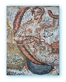 Contemporary mosaic-inspired painting depicting a fragmented human figure through curved lines and muted blue and earth tones.