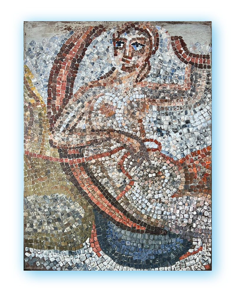 Contemporary mosaic-inspired painting depicting a fragmented human figure through curved lines and muted blue and earth tones.