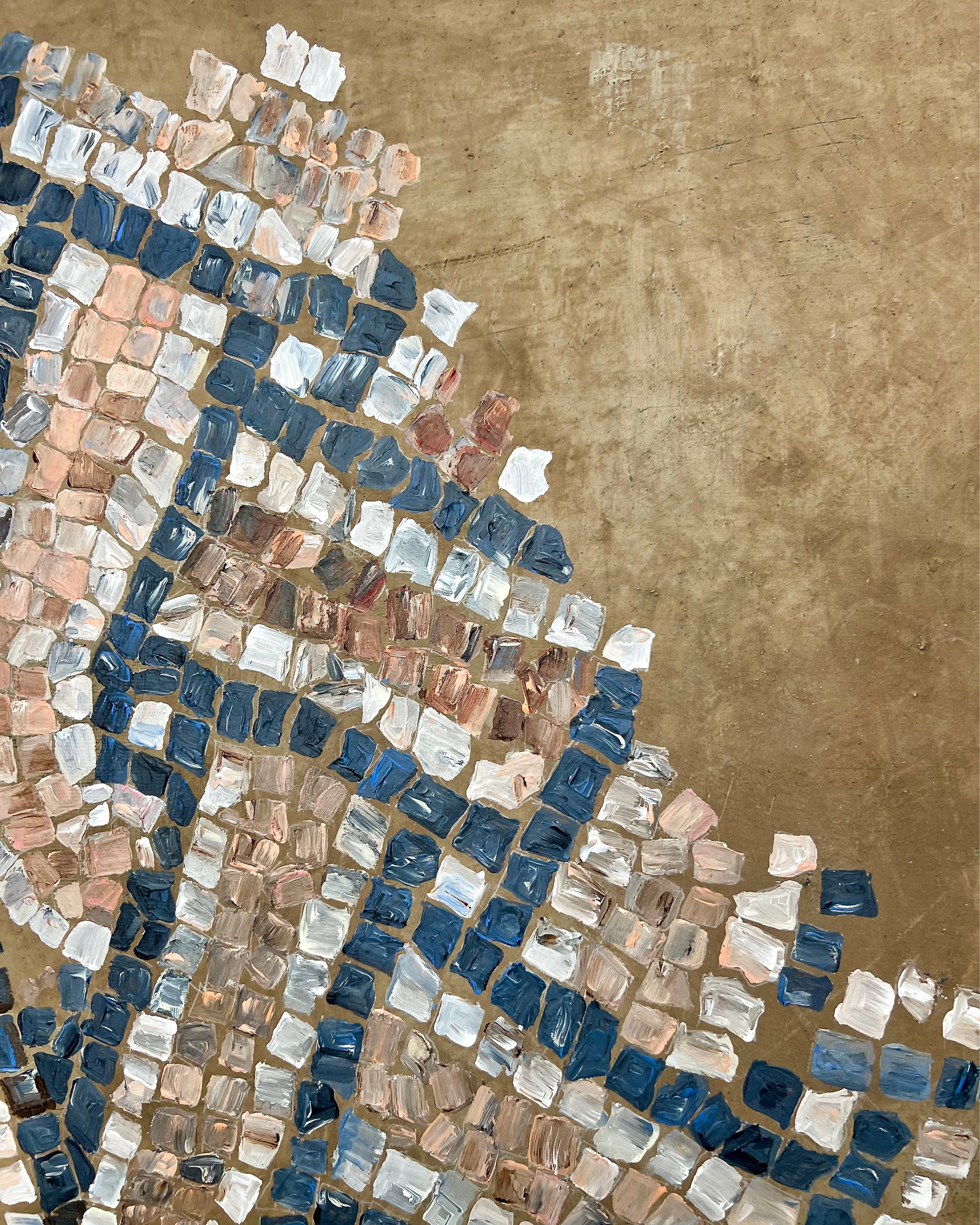 Close-up of abstract mosaic painting showing hand-painted square elements and mineral surface texture.