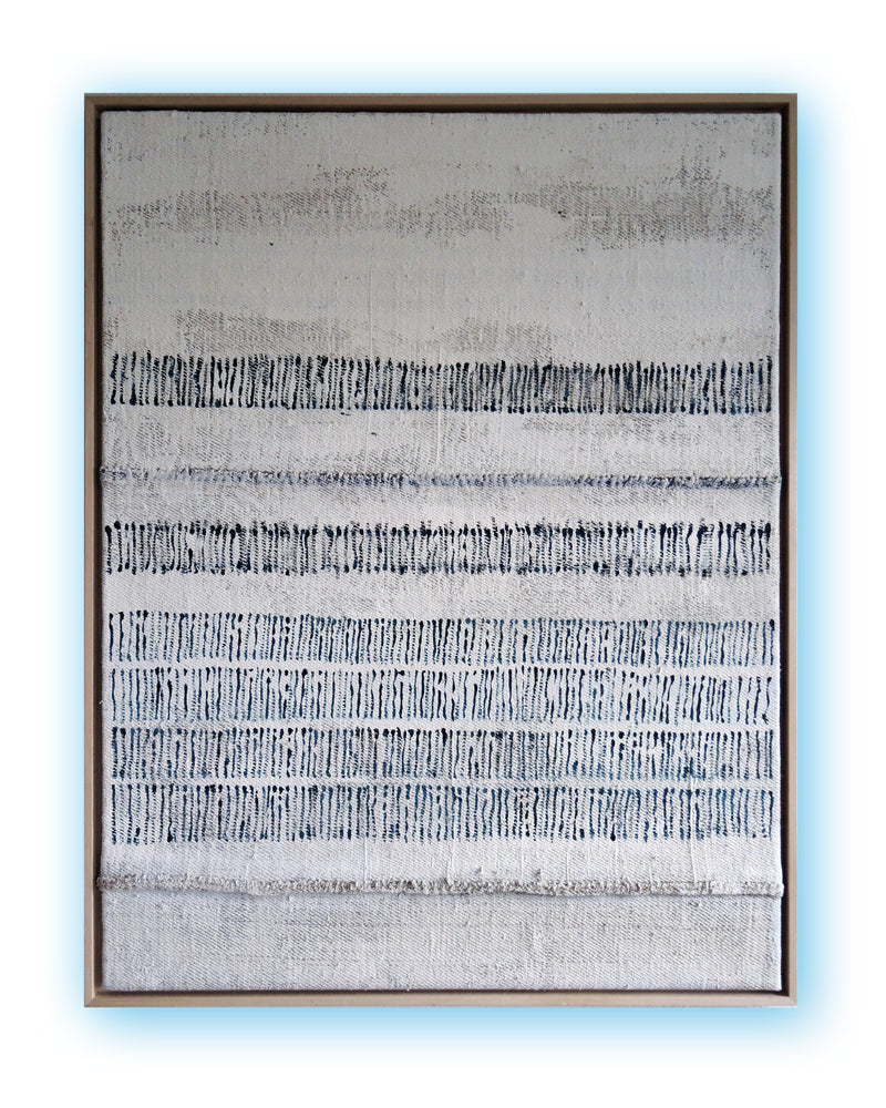 Original abstract painting from the PURE PATINA series, matte acrylic on aged burlap mounted on canvas, light tones, framed in shadow gap frame